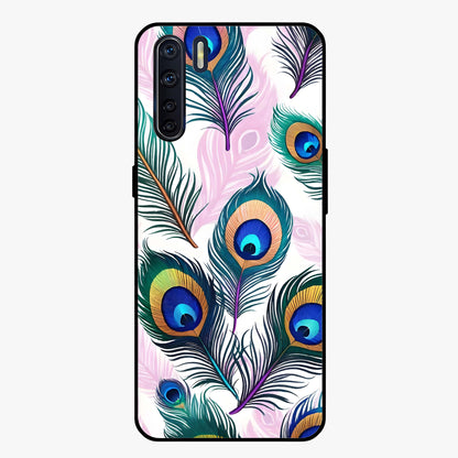 Royal Peacock Feathers Glass Case showing flat back view with colorful peacock feather artwork and glossy glass finish.