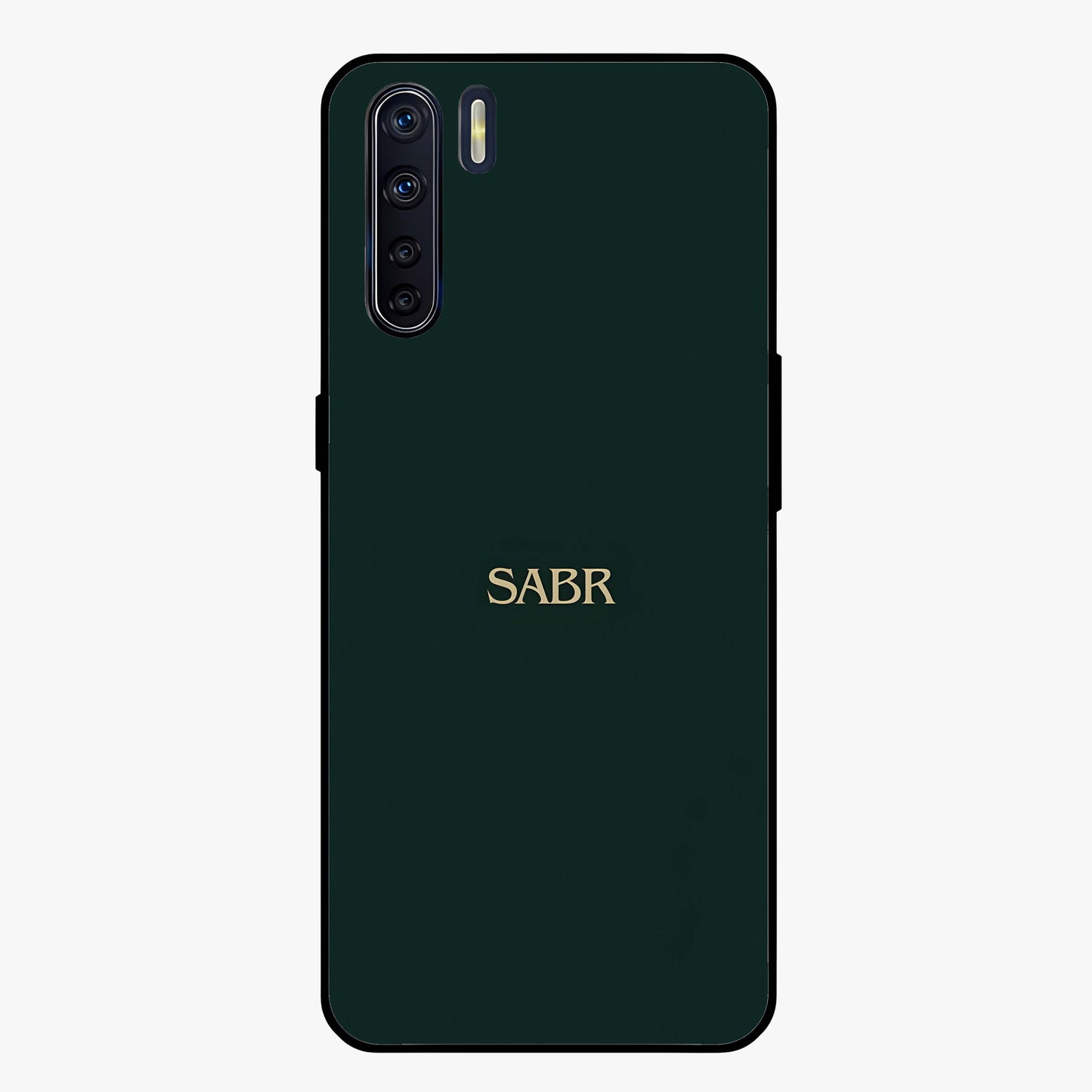 Sabr Minimal Patience Glass Case showing flat back view with minimalist typography artwork and glossy glass finish.