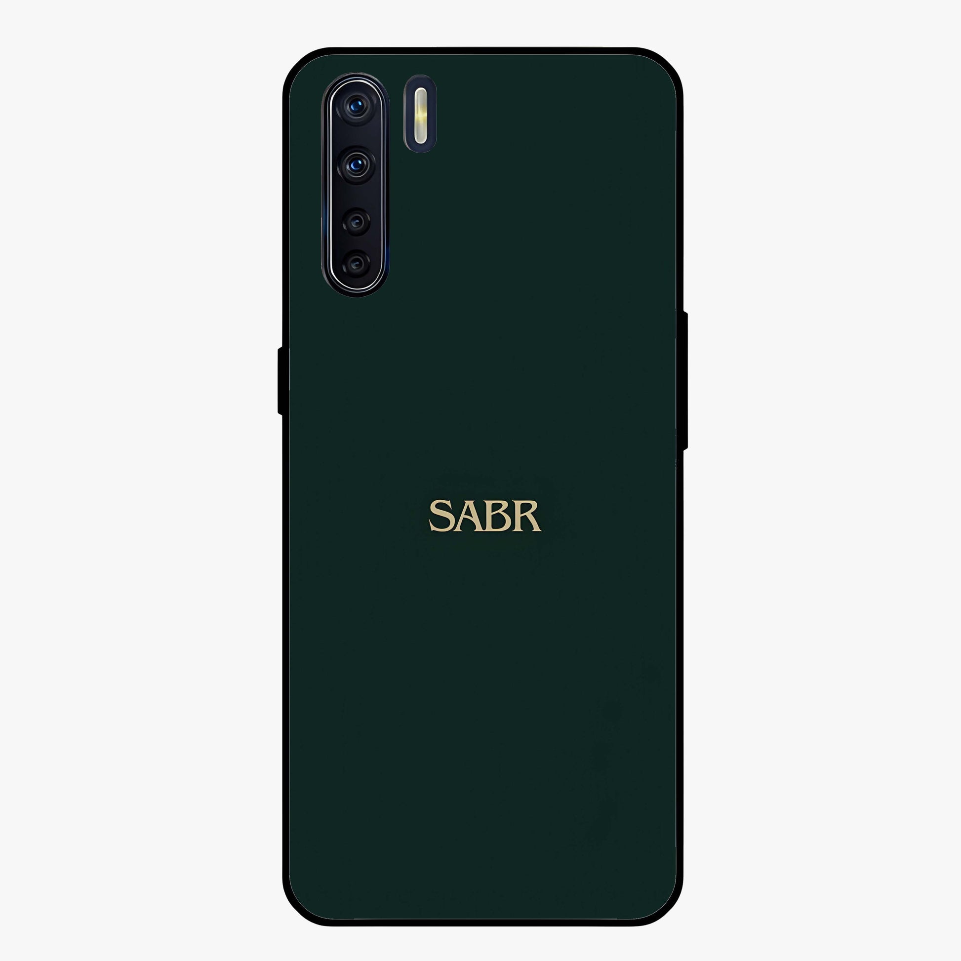 Sabr Minimal Patience Glass Case showing flat back view with minimalist typography artwork and glossy glass finish.