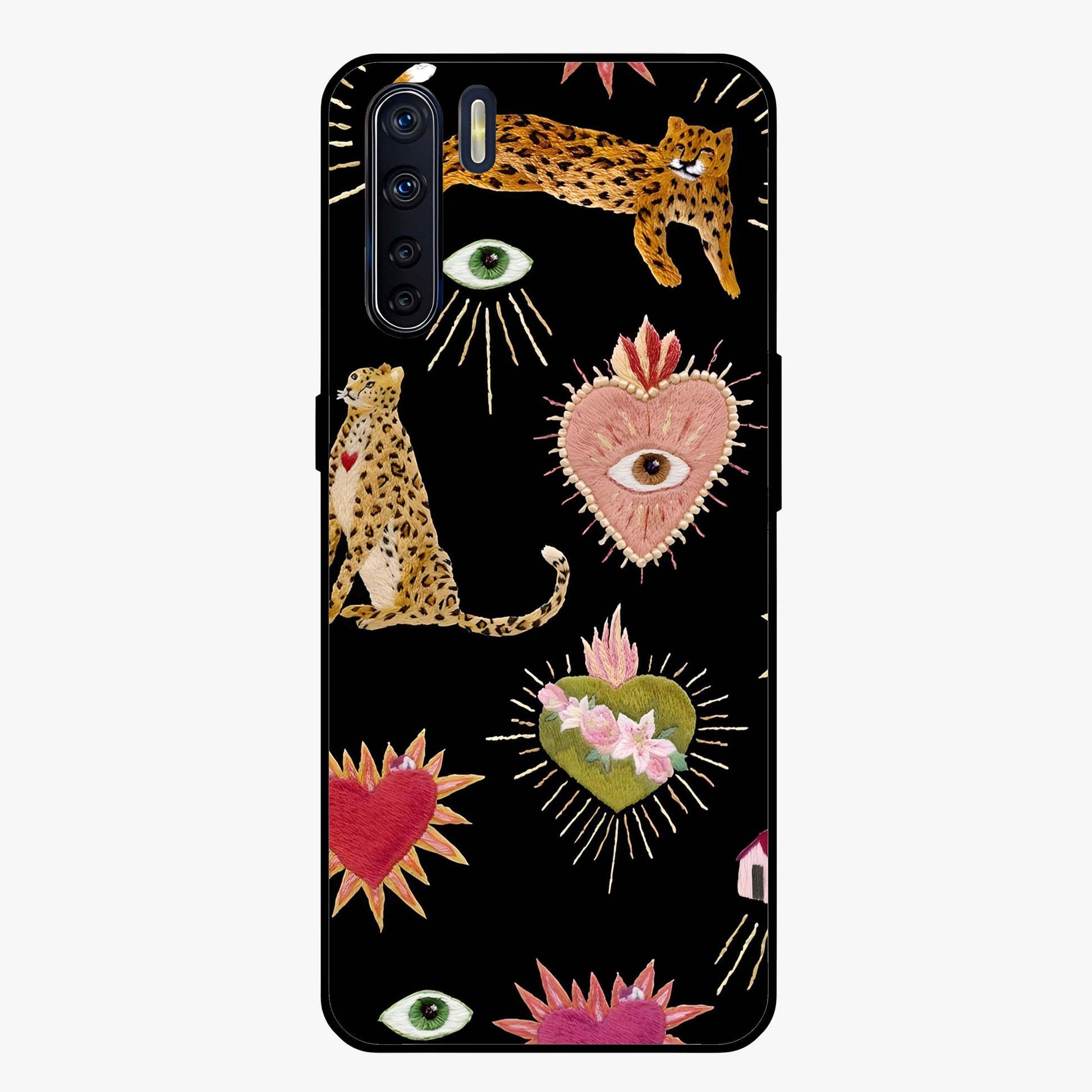 Sacred Jungle Heart Glass Case showing flat back view with jungle inspired heart artwork and glossy glass finish.