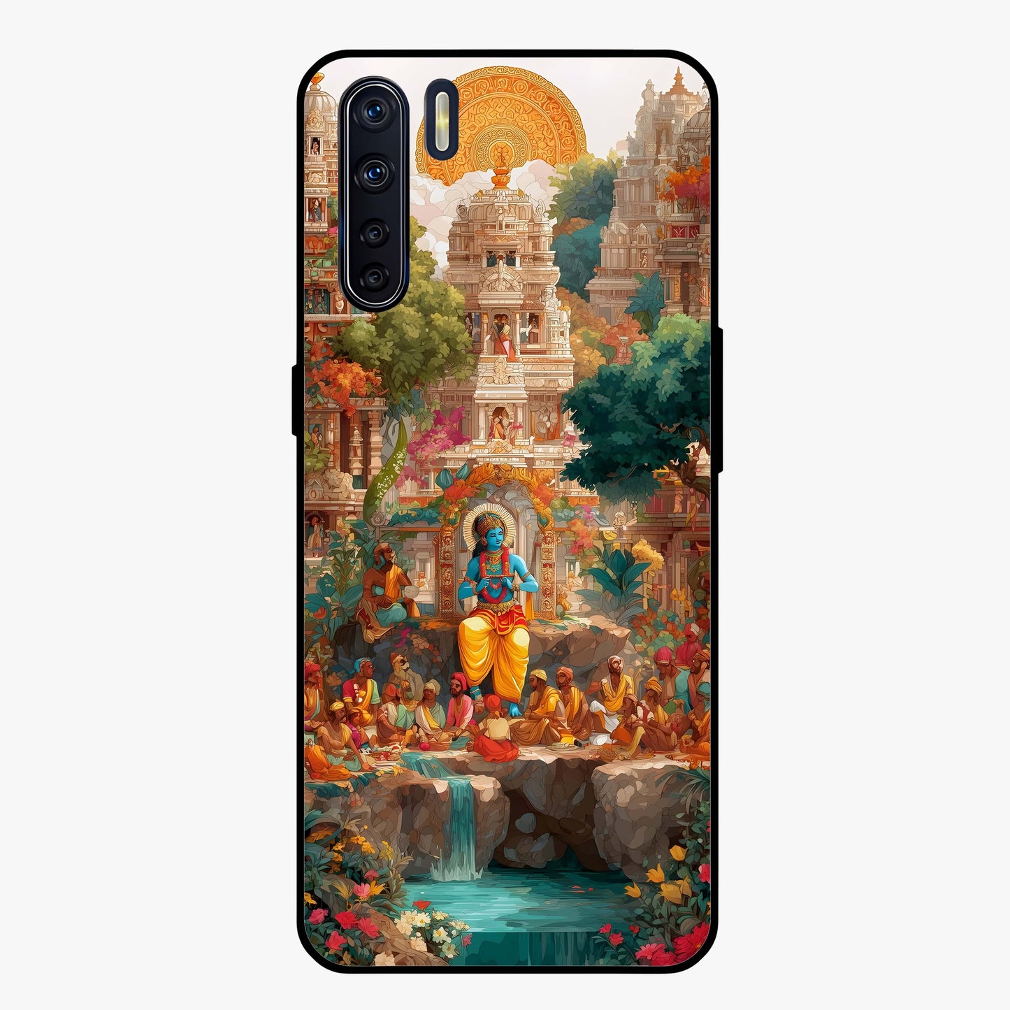 Sacred Sunlight Gods Glass Case showing flat back view with divine sunlight themed artwork and glossy glass finish.