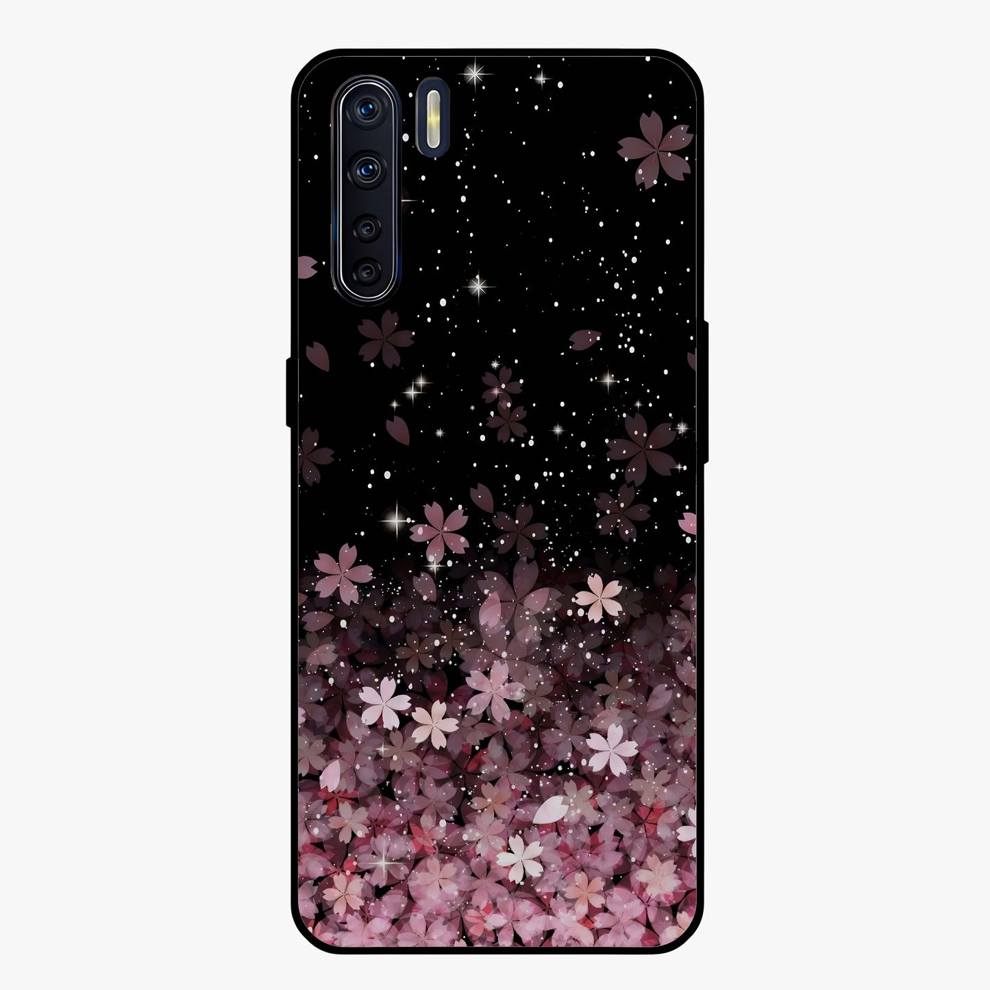 Small Starry Flowers Glass Case showing flat back view with delicate starry floral artwork and glossy glass finish.