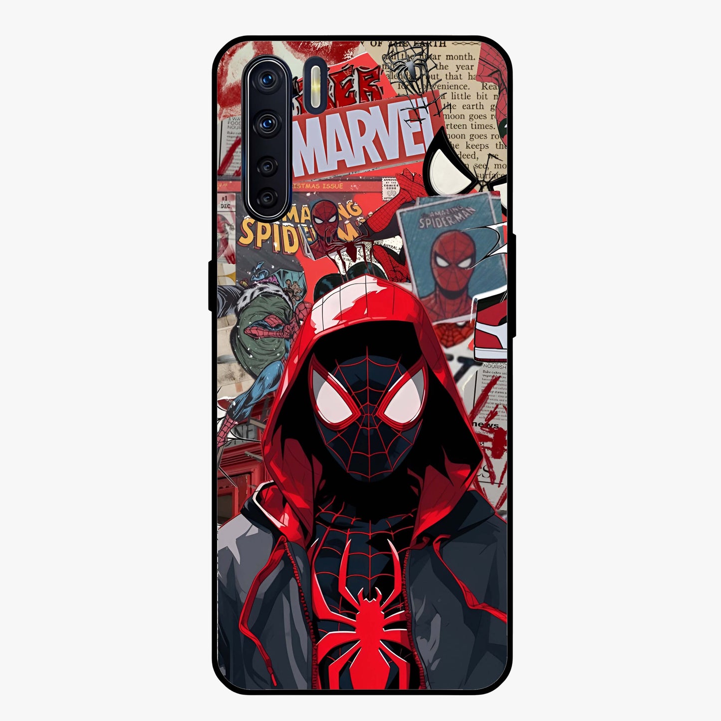 Spider Collage Street Glass Case showing flat back view with vibrant superhero collage artwork and glossy glass finish.