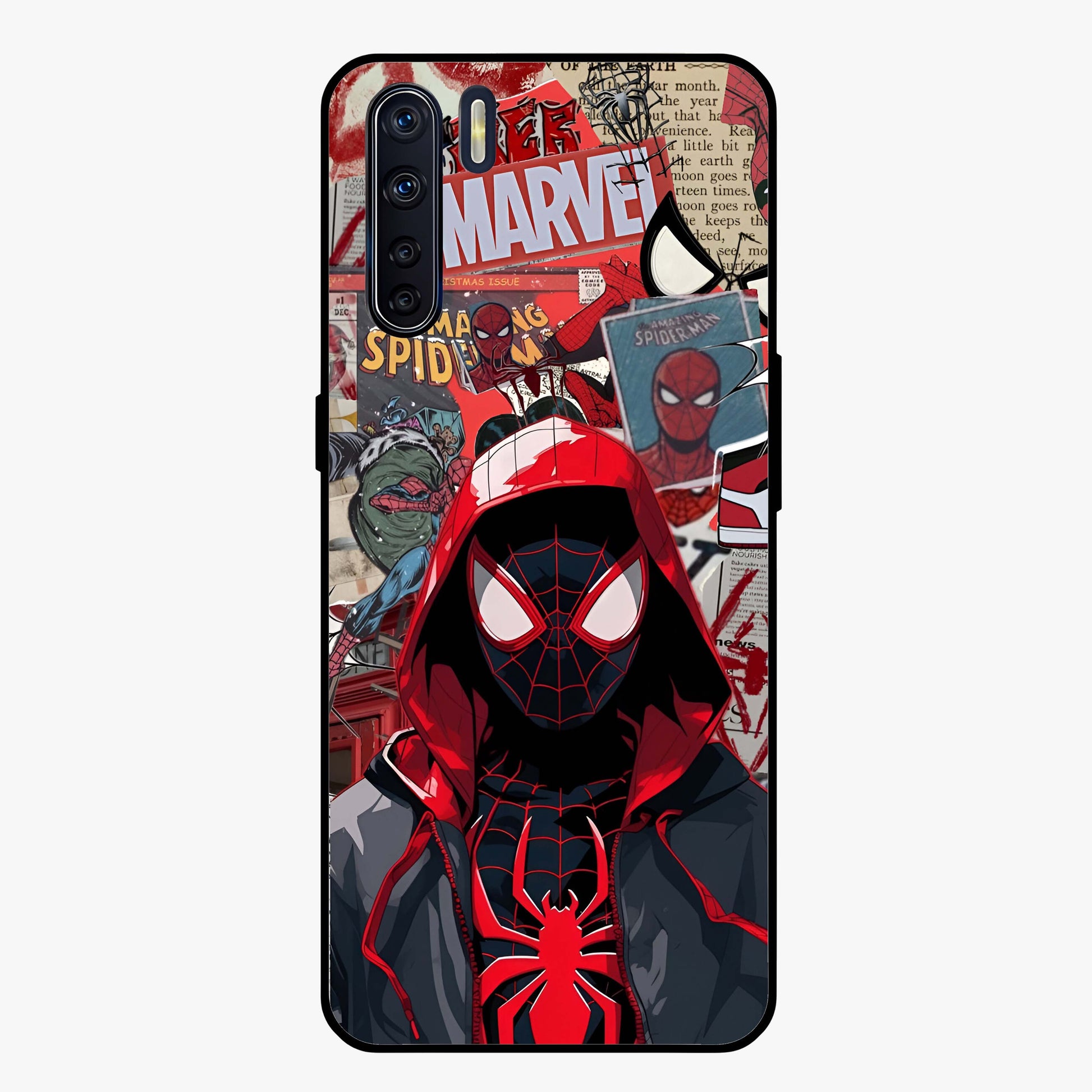Spider Collage Street Glass Case showing flat back view with vibrant superhero collage artwork and glossy glass finish.