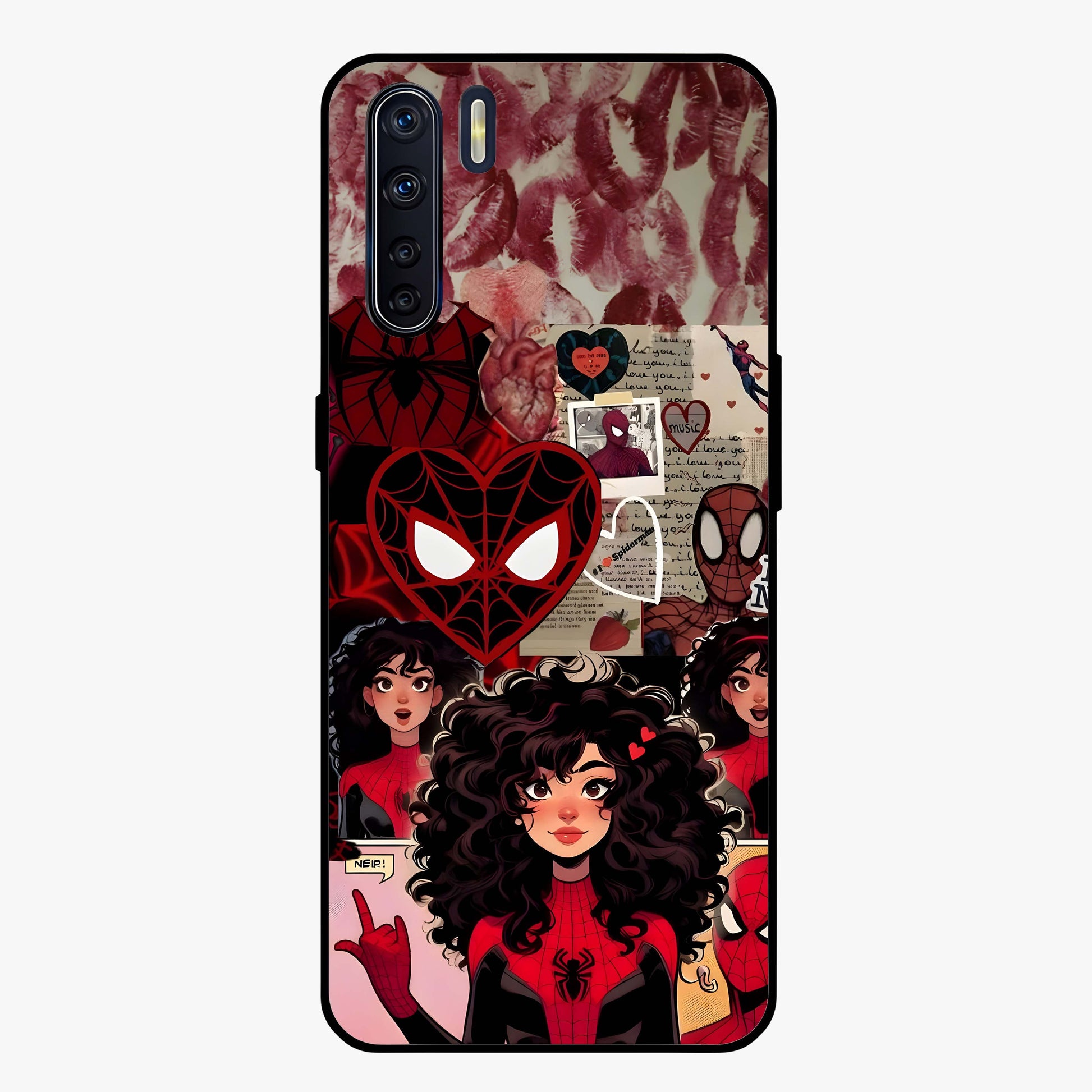Spider Love Story Glass Case showing flat back view with romantic superhero themed artwork and glossy glass finish.