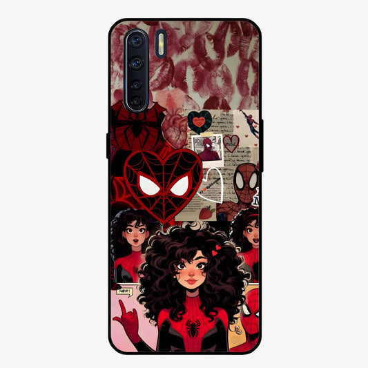 Spider Love Story Glass Case showing flat back view with romantic superhero themed artwork and glossy glass finish.