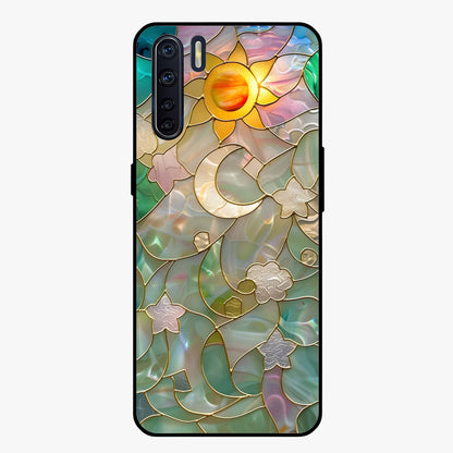 Stained Sunrise Glow Glass Case showing flat back view with glowing sunrise stained pattern artwork and glossy glass finish.