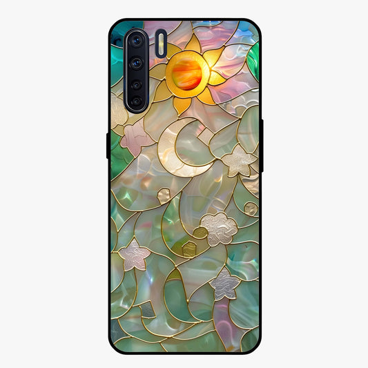 Stained Sunrise Glow Glass Case showing flat back view with glowing sunrise stained pattern artwork and glossy glass finish.