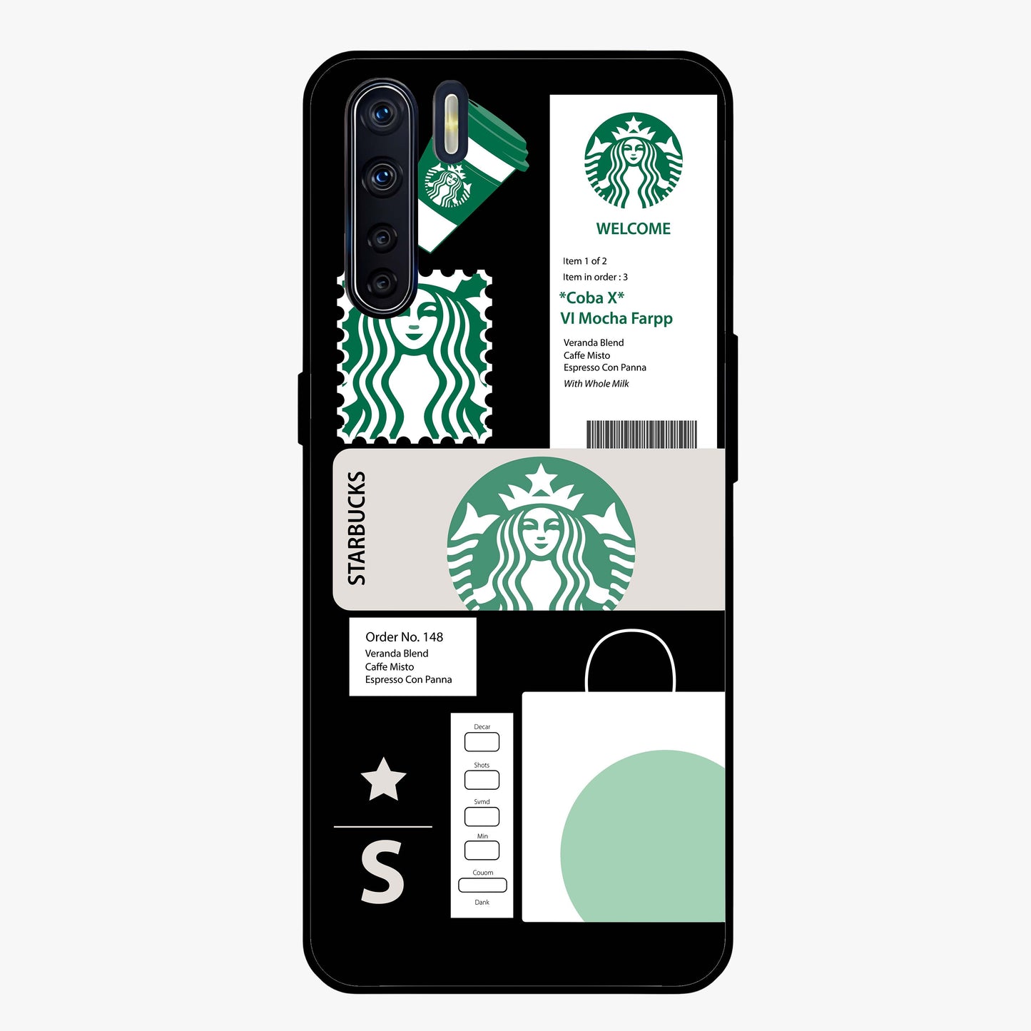 Starbucks Mocha Glass Case showing flat back view with coffee inspired artwork and glossy glass finish.