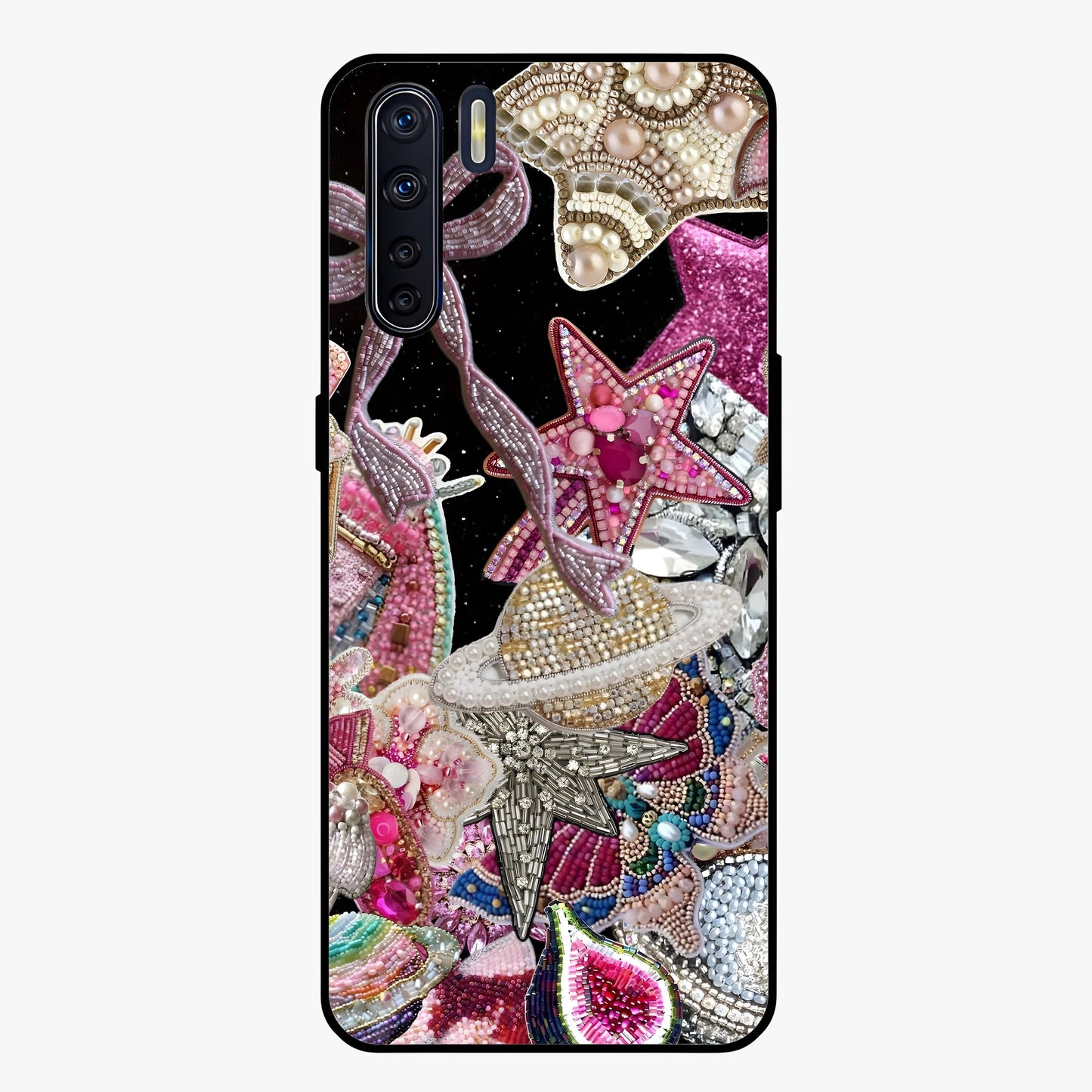 Starlit Jewel Dream Glass Case showing flat back view with sparkling jewel and star themed artwork and glossy glass finish.