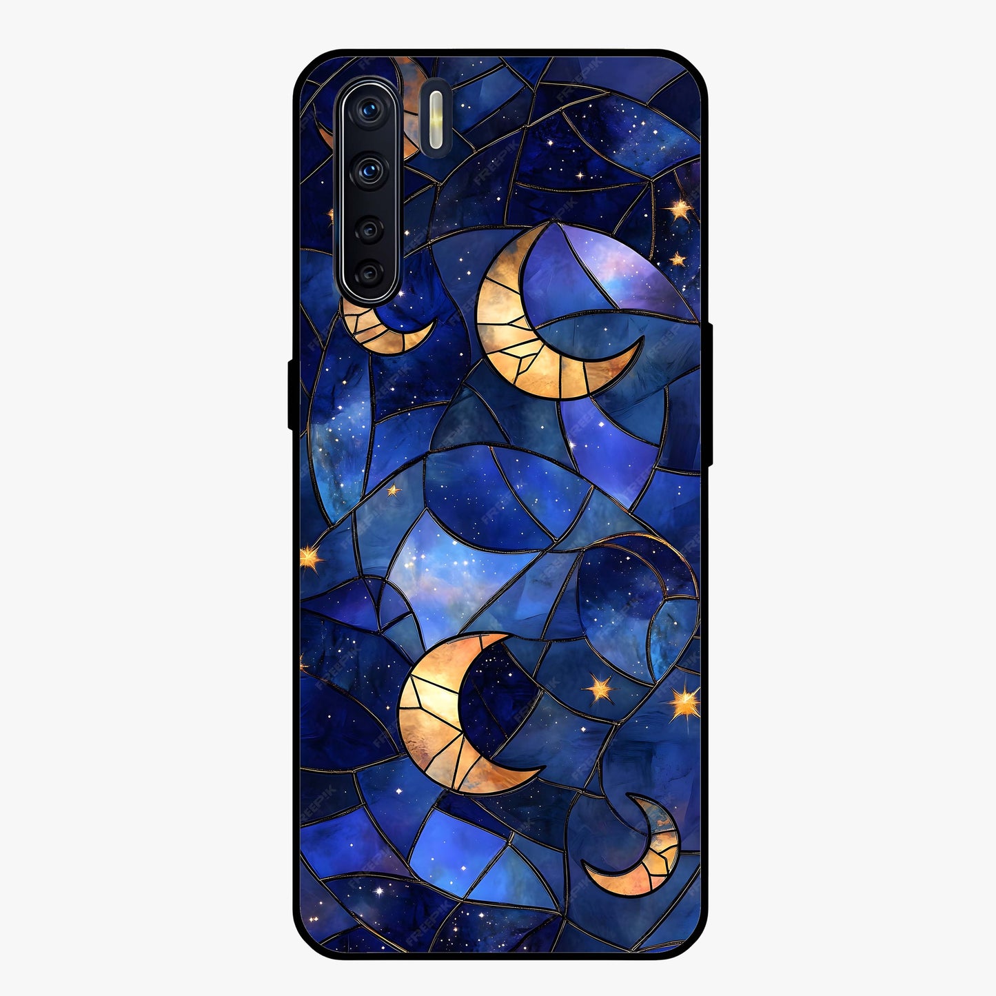Starlit Sky Tapestry Glass Case showing flat back view with decorative starry sky tapestry artwork and glossy glass finish.