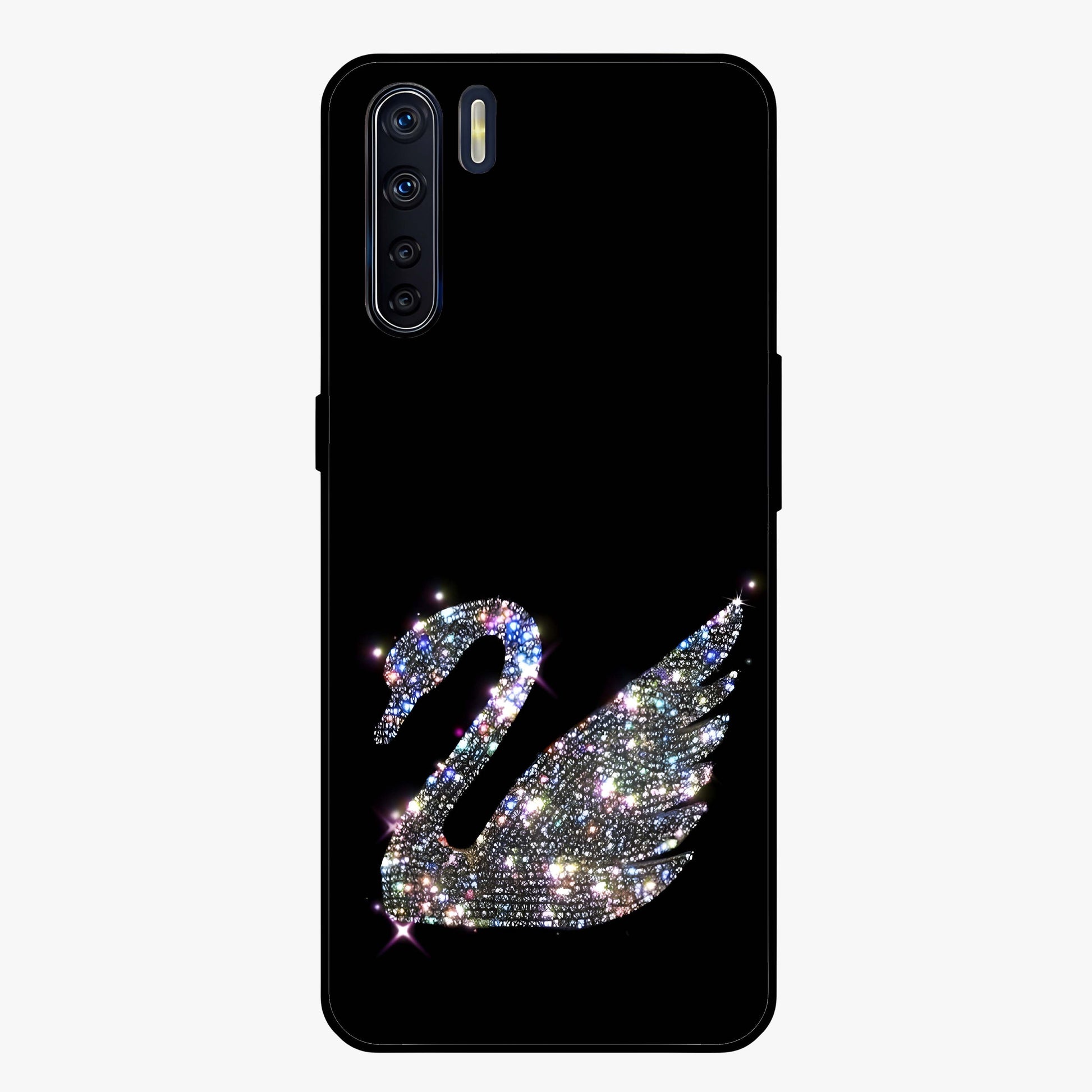 Starlit Swan Grace Glass Case showing flat back view with graceful swan artwork under starry sky and glossy glass finish.