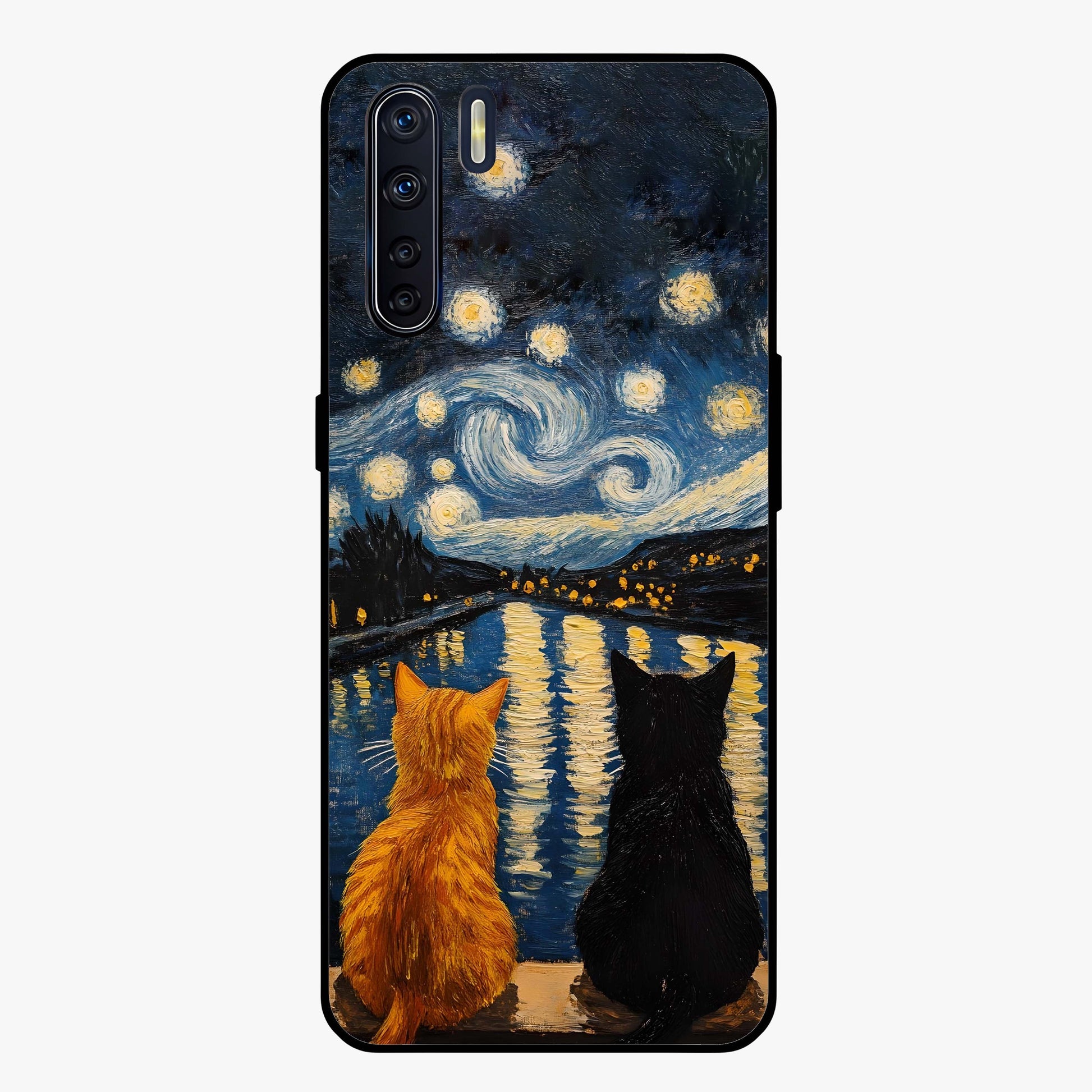 Starry River Cats Glass Case showing flat back view with cats by a starry river artwork and glossy glass finish.