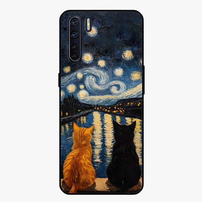 Starry River Cats Glass Case showing flat back view with cats by a starry river artwork and glossy glass finish.