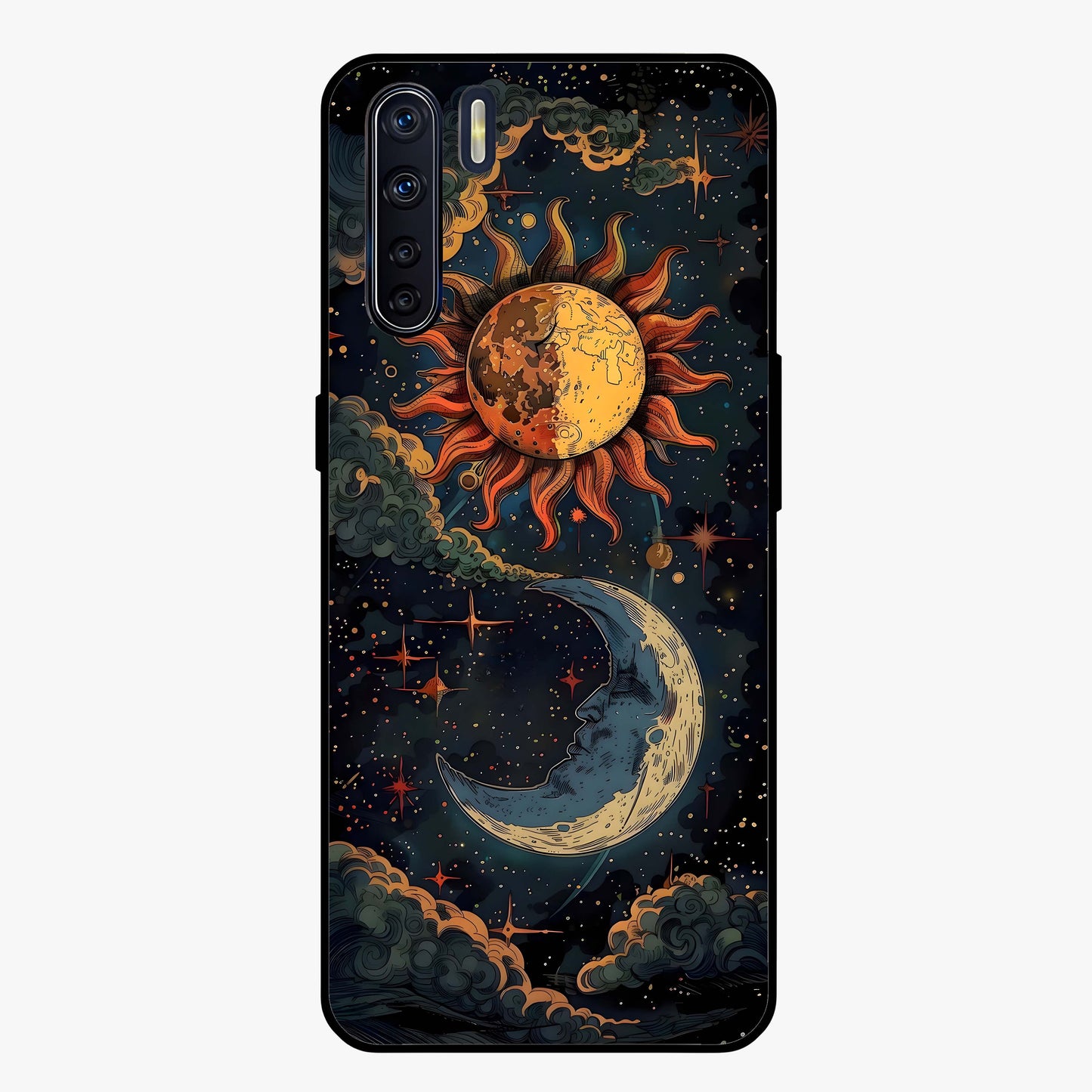Sun And Moon Magic Design Glass Case showing flat back view with mystical sun and moon artwork and glossy glass finish.