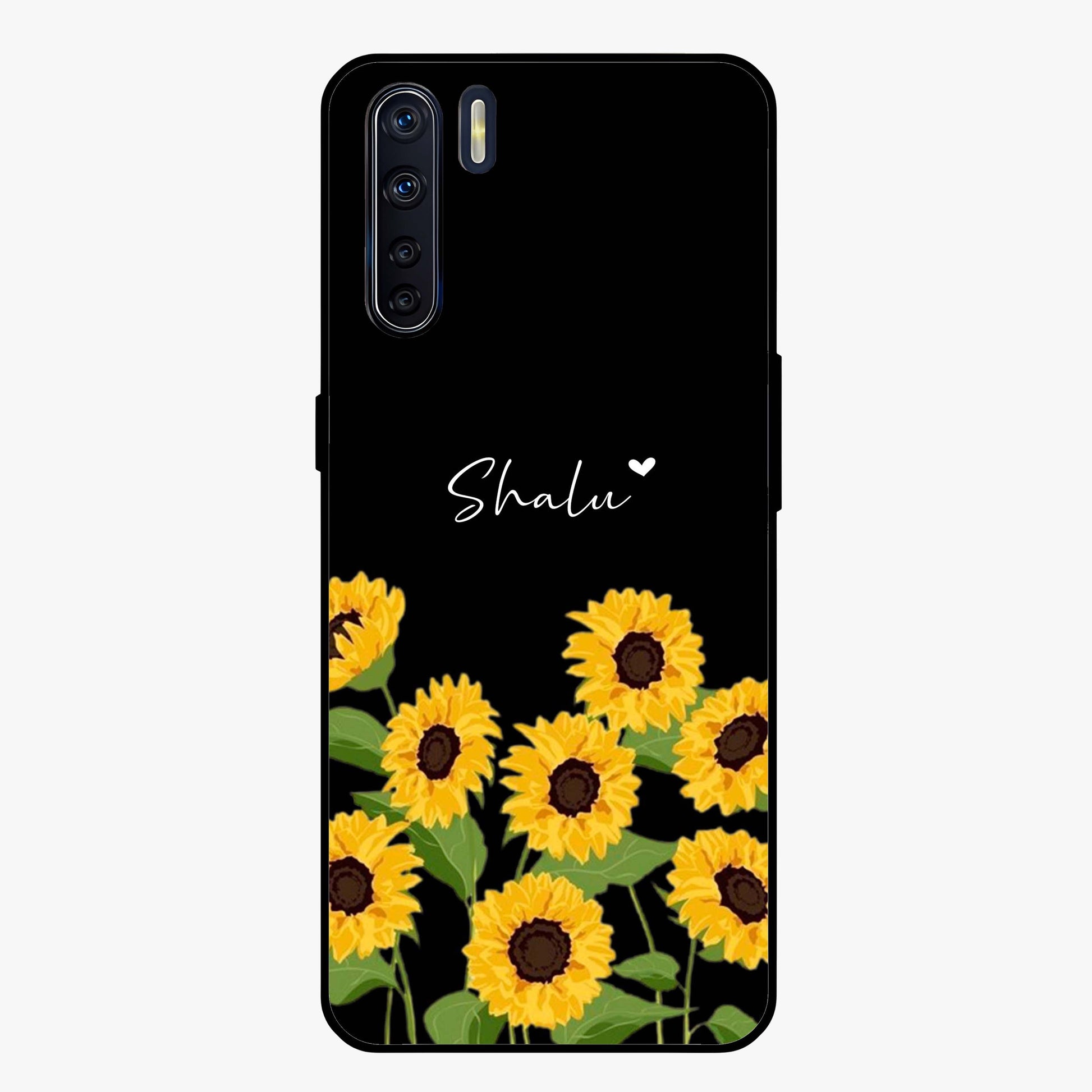 Sunflower Chic Mood Custom Name Glass Case showing flat back view with stylish sunflower artwork and personalized name design.