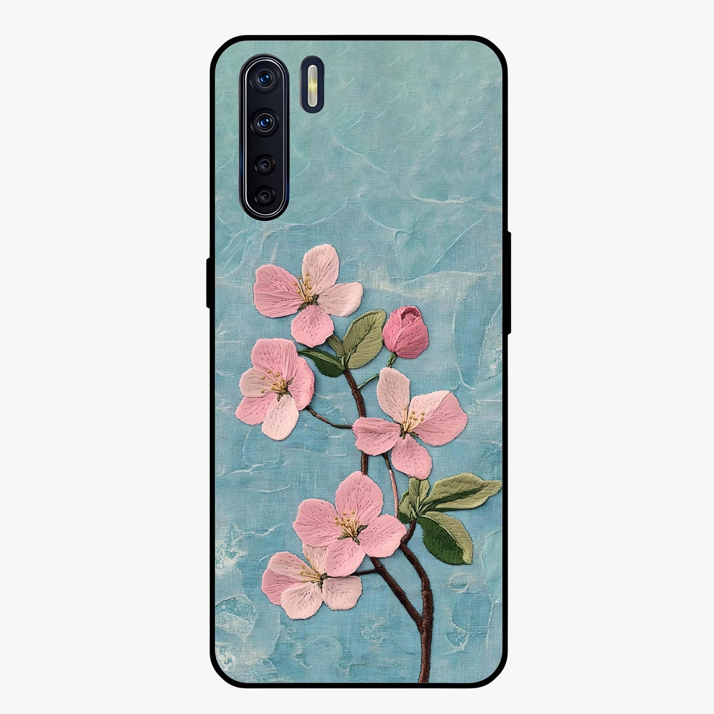 Threaded Blossom Breeze Glass Case showing flat back view with delicate blossom artwork and glossy glass finish.