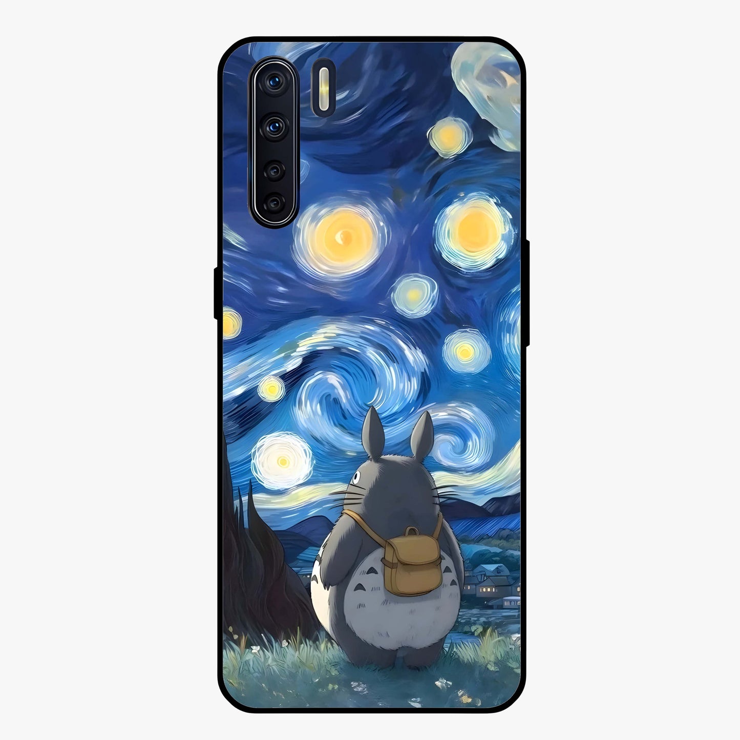 Totoro In Van Gogh Art Glass Case showing flat back view with whimsical character artwork inspired by Van Gogh style and glossy glass finish.