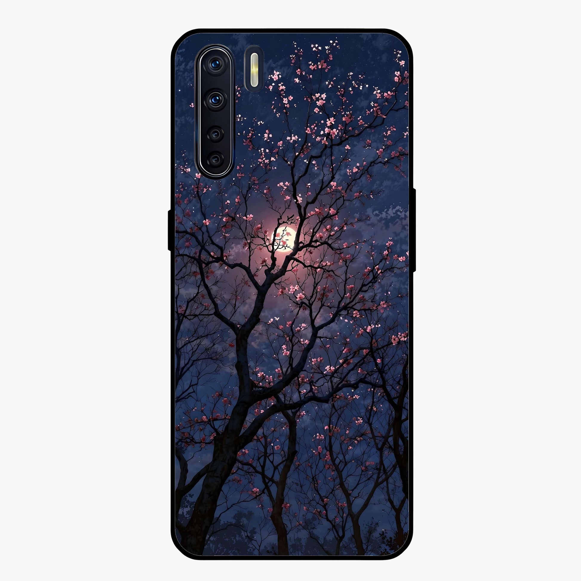 Twilight Sakura Serenade Glass Case showing flat back view with cherry blossom artwork at twilight and glossy glass finish.