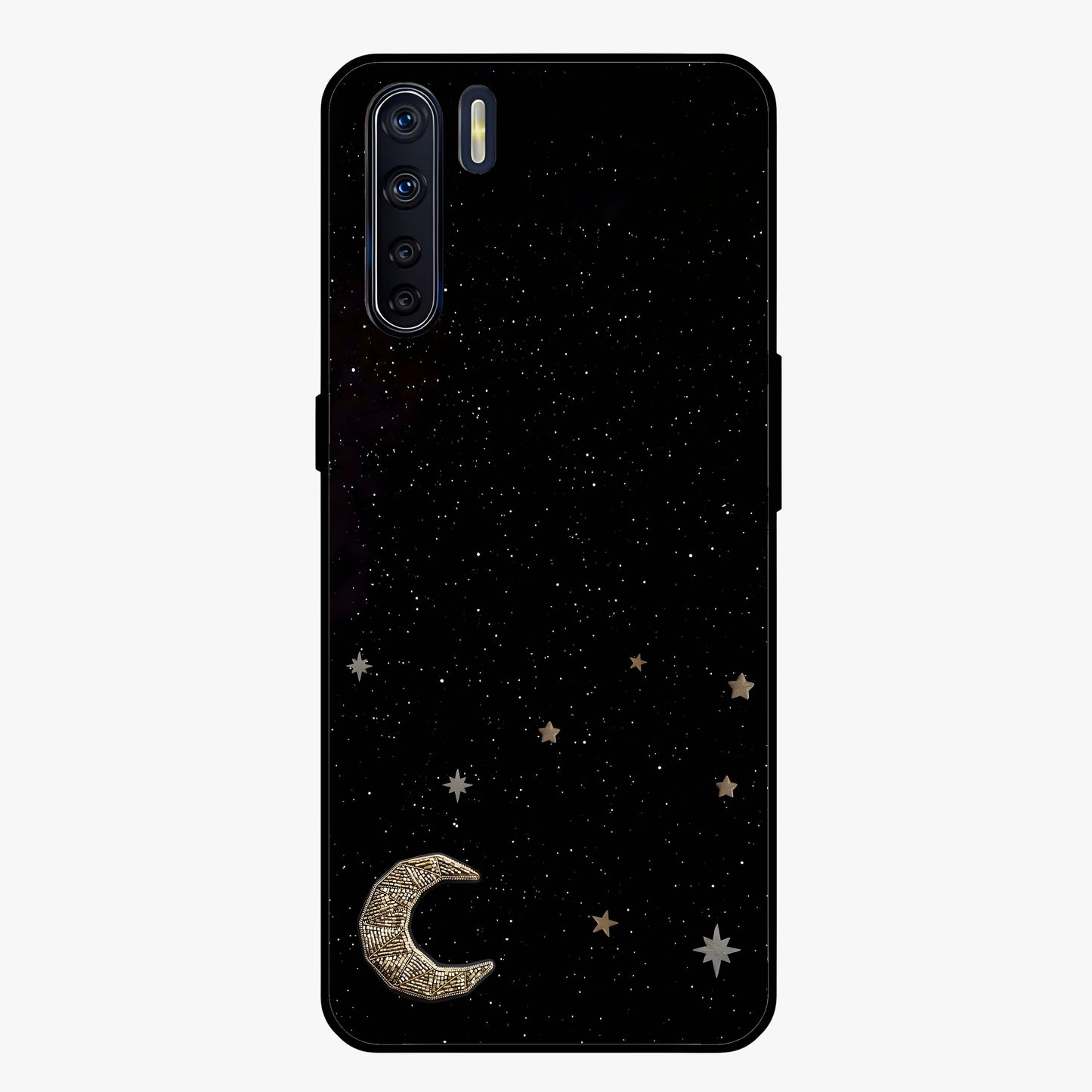 Twinkle Star With Half Moon Glass Case showing flat back view with star and half moon artwork and glossy glass finish.