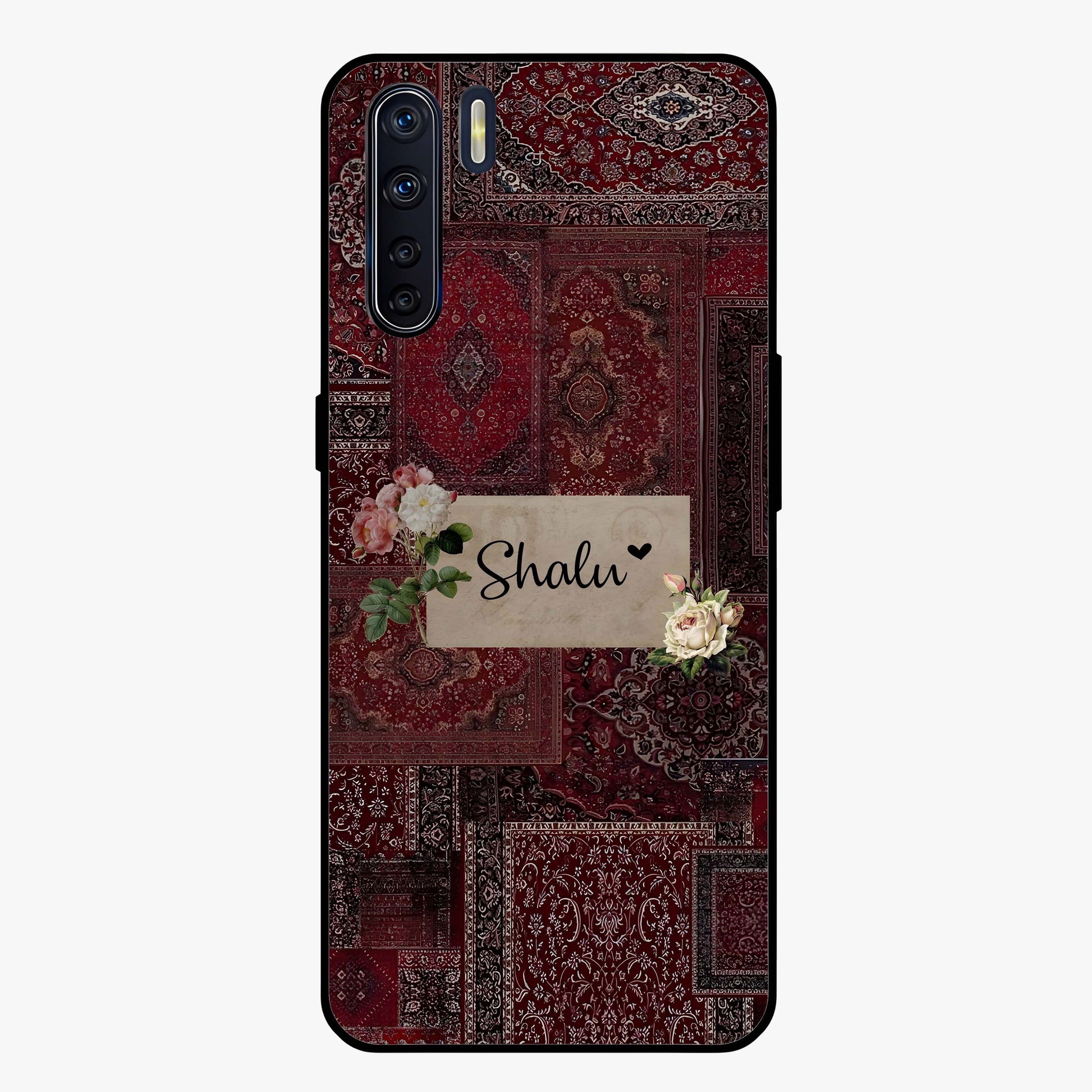 Velvet Wine Pattern Custom Name Glass Case showing flat back view with elegant wine colored pattern artwork and personalized name design.