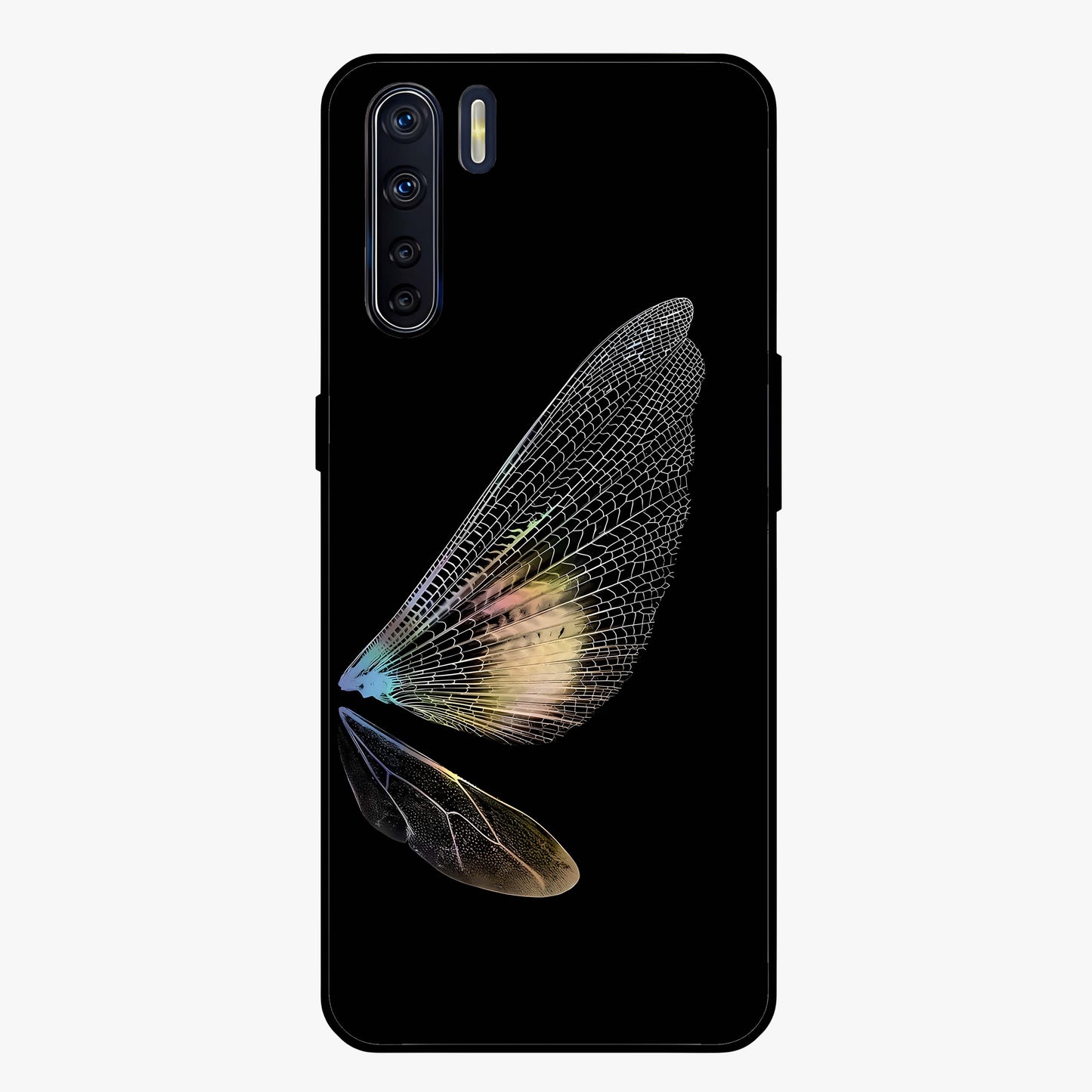 Whispers Of Wings Glass Case showing flat back view with graceful wing inspired artwork and glossy glass finish.