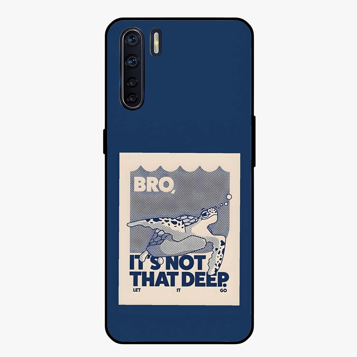 Worry Less Swim Glass Case showing flat back view with playful motivational artwork and glossy glass finish.