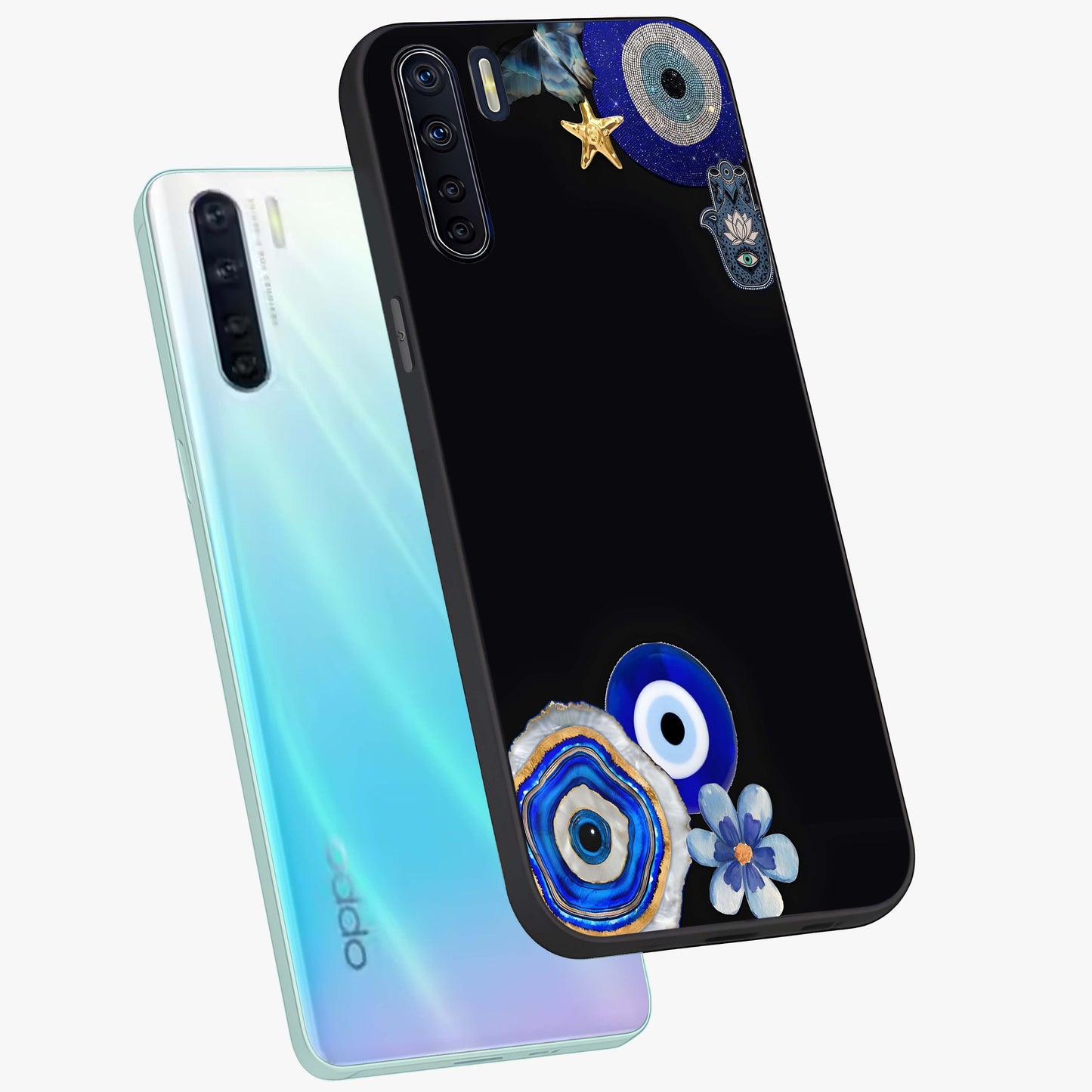 Aesthetic Blue Evil Eye Glass Case displayed in angled mockup highlighting blue evil eye symbol and spiritual aesthetic design.