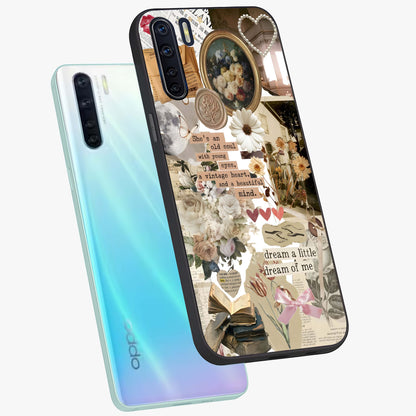 Aesthetic Brown Vintage Collage Glass Case displayed in angled mockup highlighting vintage aesthetic collage design.