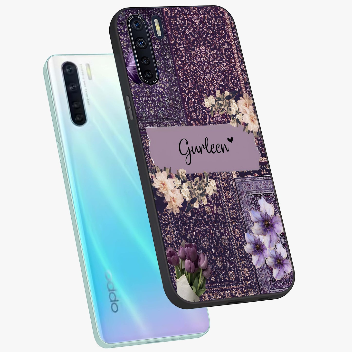 Antique Floral Whisper Custom Name Glass Case displayed in angled mockup highlighting elegant antique floral aesthetic.