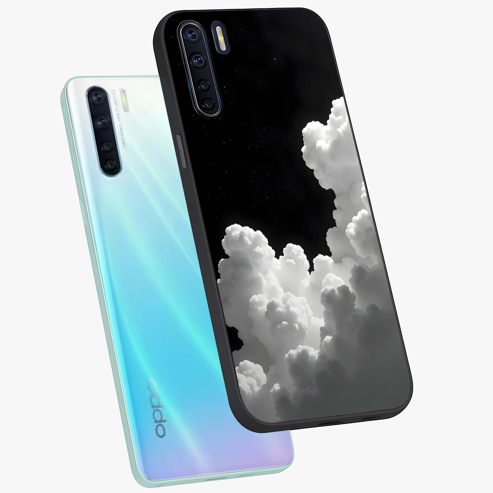 Black Background With White Cloud Glass Case displayed in angled mockup highlighting soft white cloud illustration and minimal design.