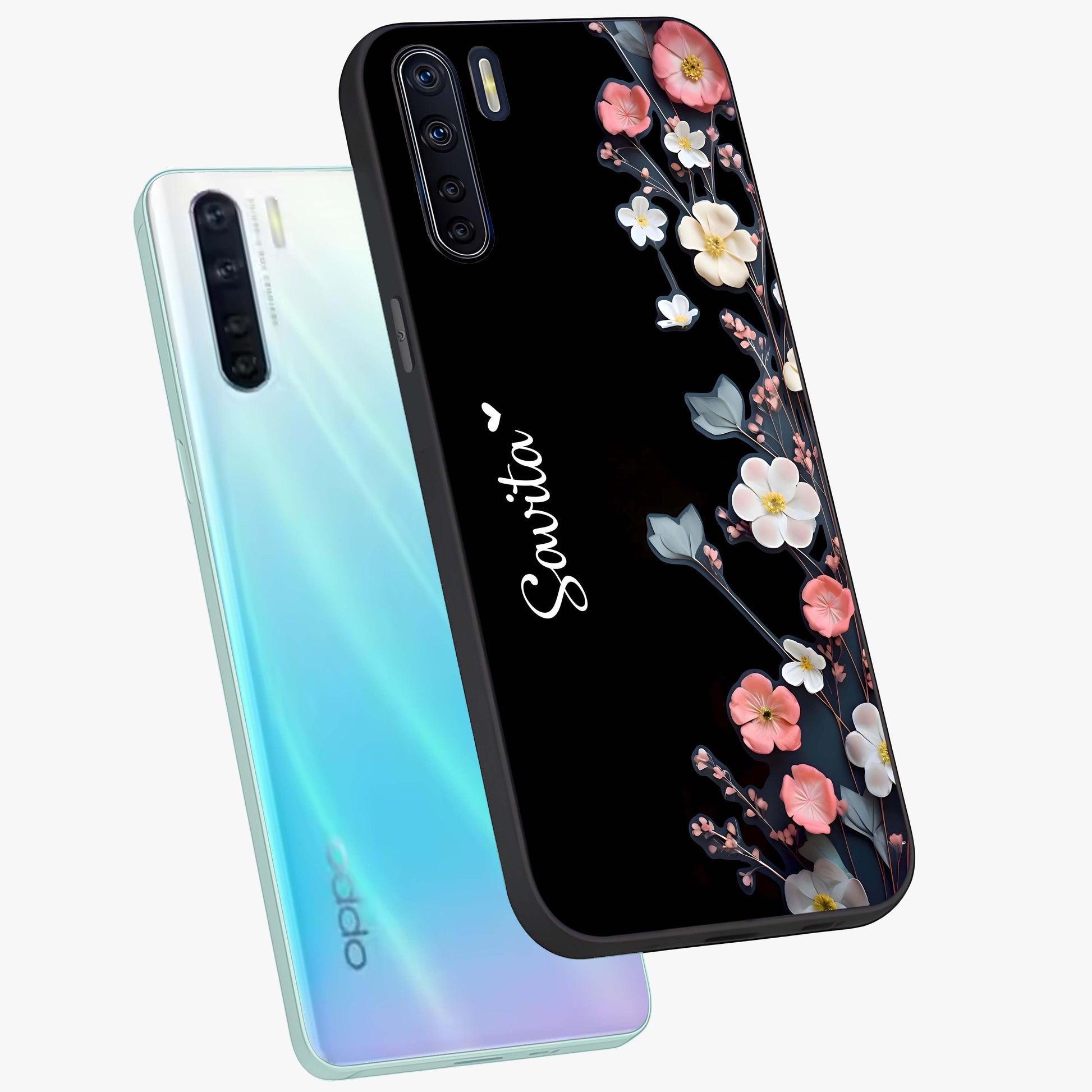Black Elegance Floral Custom Name Glass Case displayed in angled mockup highlighting dark floral aesthetic and custom name feature.