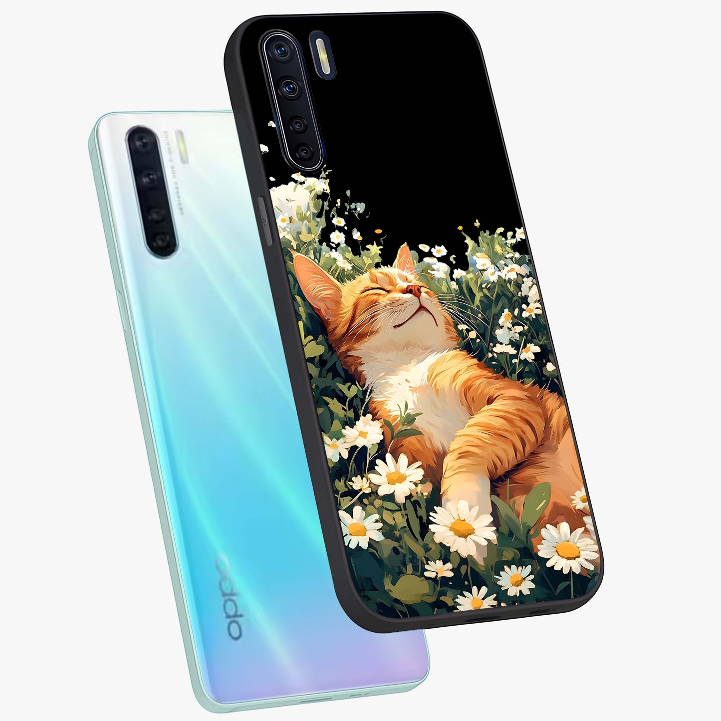 Blissful Bloom Cat Glass Case displayed in angled mockup highlighting playful feline illustration with soft floral aesthetic.
