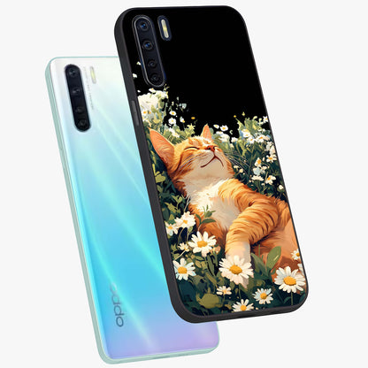 Blissful Bloom Cat Glass Case displayed in angled mockup highlighting playful feline illustration with soft floral aesthetic.