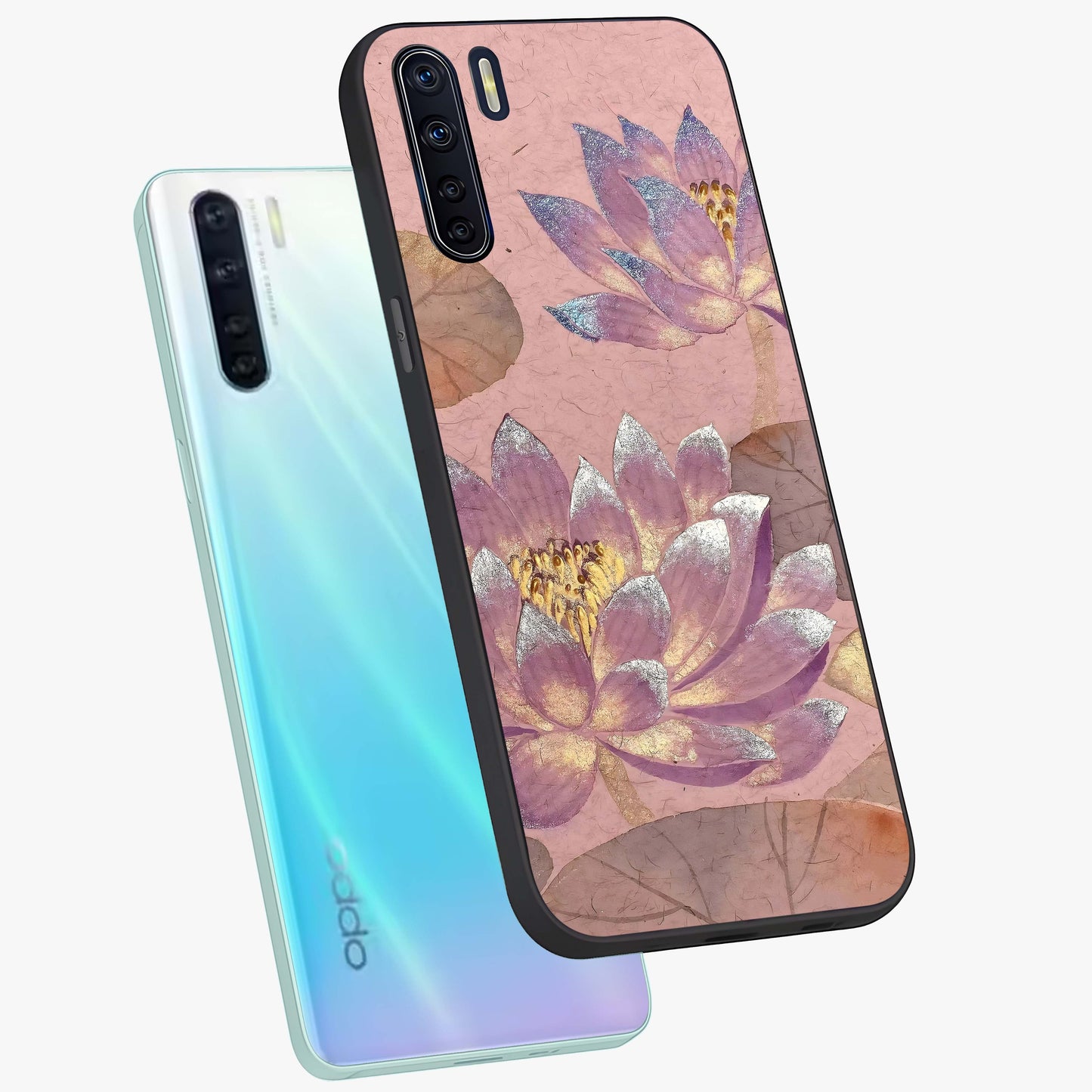 Blossom Mist Lotus Glass Case displayed in angled mockup highlighting delicate lotus illustration with calm aesthetic theme.