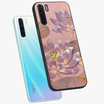 Blossom Mist Lotus Glass Case displayed in angled mockup highlighting delicate lotus illustration with calm aesthetic theme.