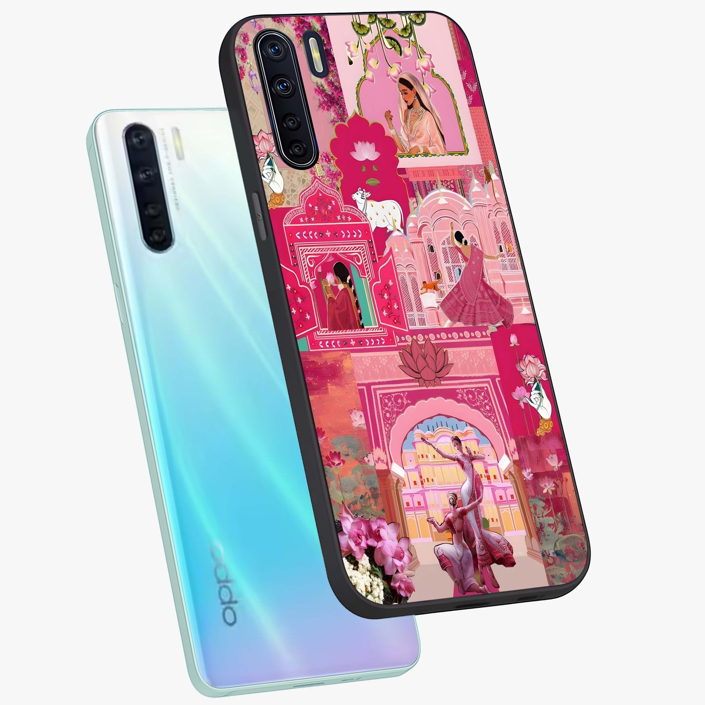 Blossoms of Rajasthan Glass Case displayed in angled mockup highlighting vibrant floral pattern with cultural aesthetic style.