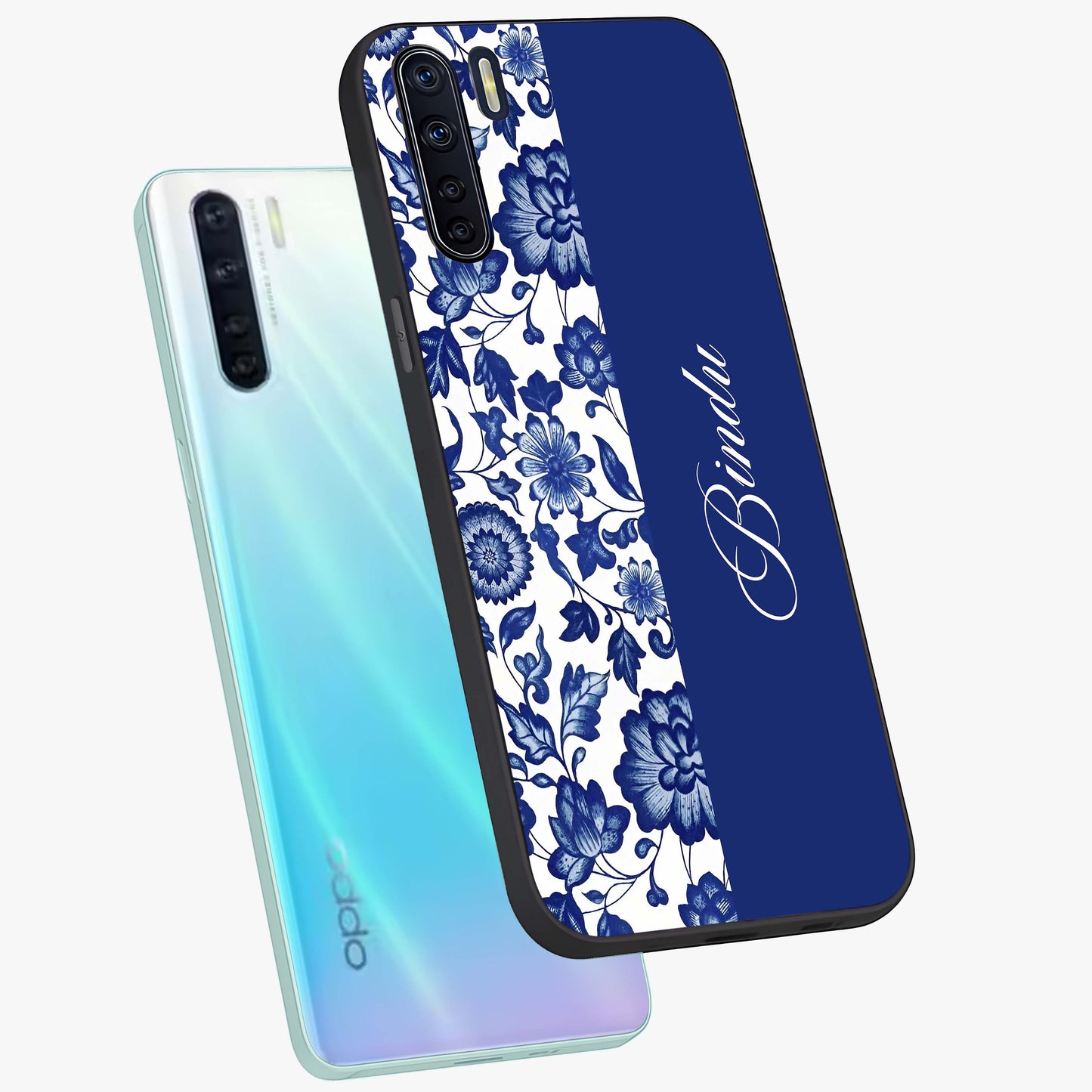 Blue Vintage Floral Pattern Glass Case displayed in angled mockup highlighting subtle bloom pattern with aesthetic pastel design.