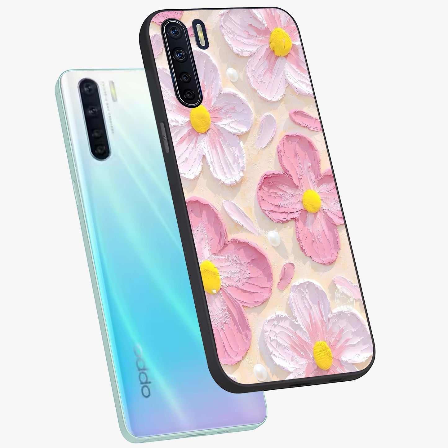 Blush Bloom Texture Glass Case displayed in angled mockup highlighting subtle bloom pattern with aesthetic pastel design.