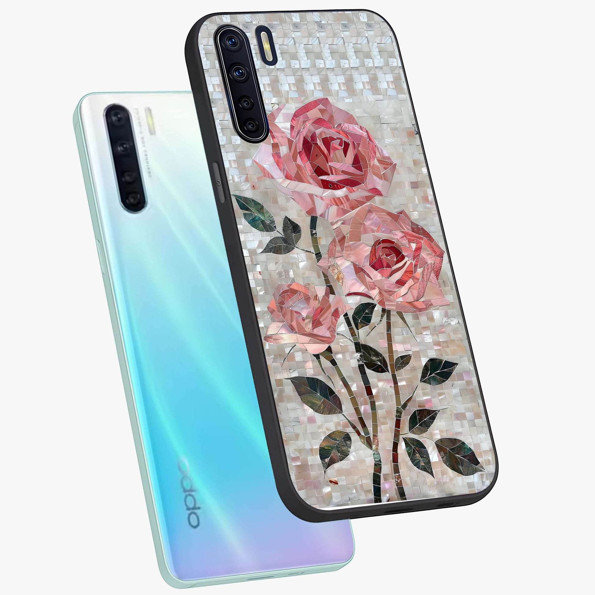 Blush Mosaic Bloom Glass Case displayed in angled mockup highlighting artistic mosaic flower pattern with aesthetic design.