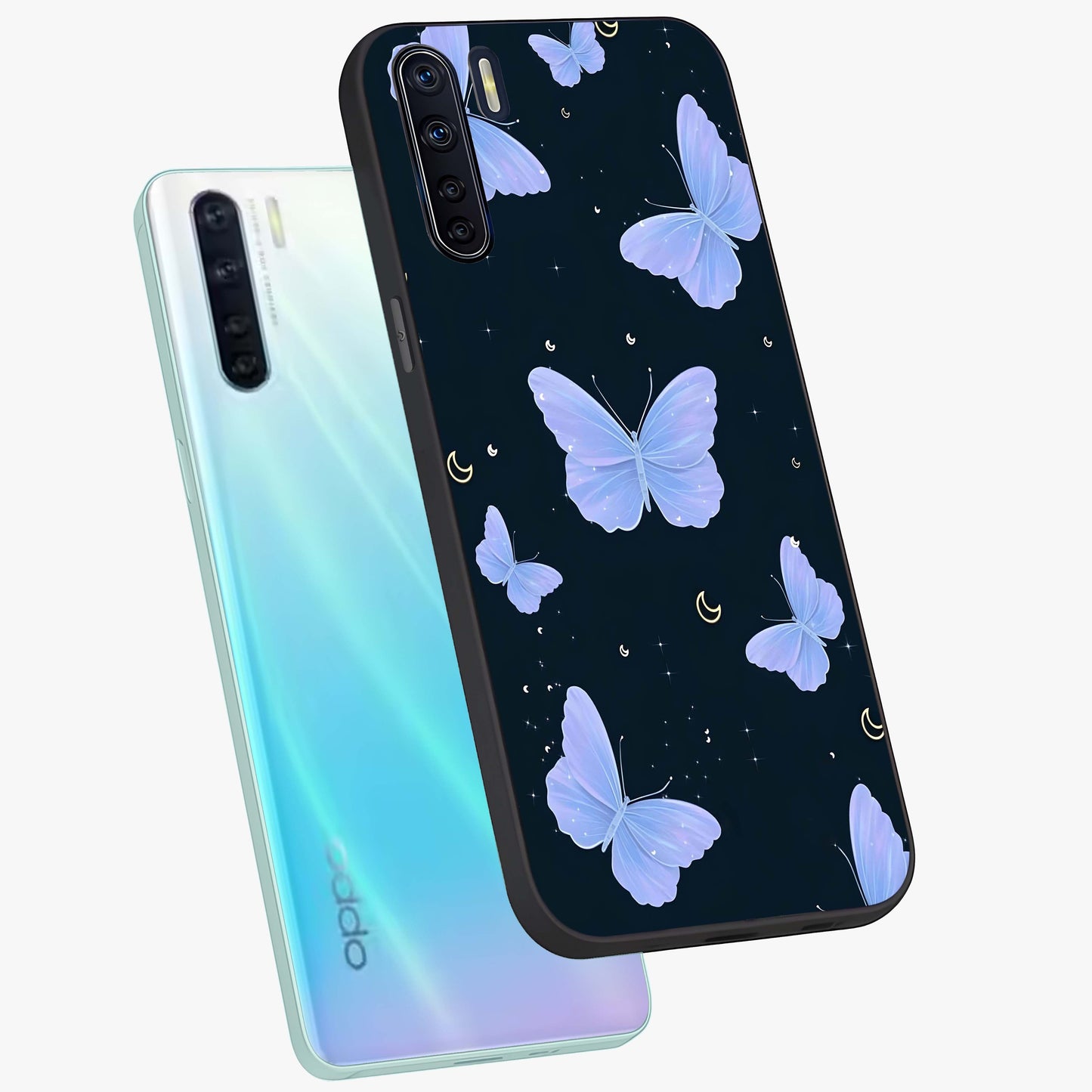 Butterfly With Stars Pattern Glass Case displayed in angled mockup highlighting dreamy butterfly and star design with aesthetic theme.