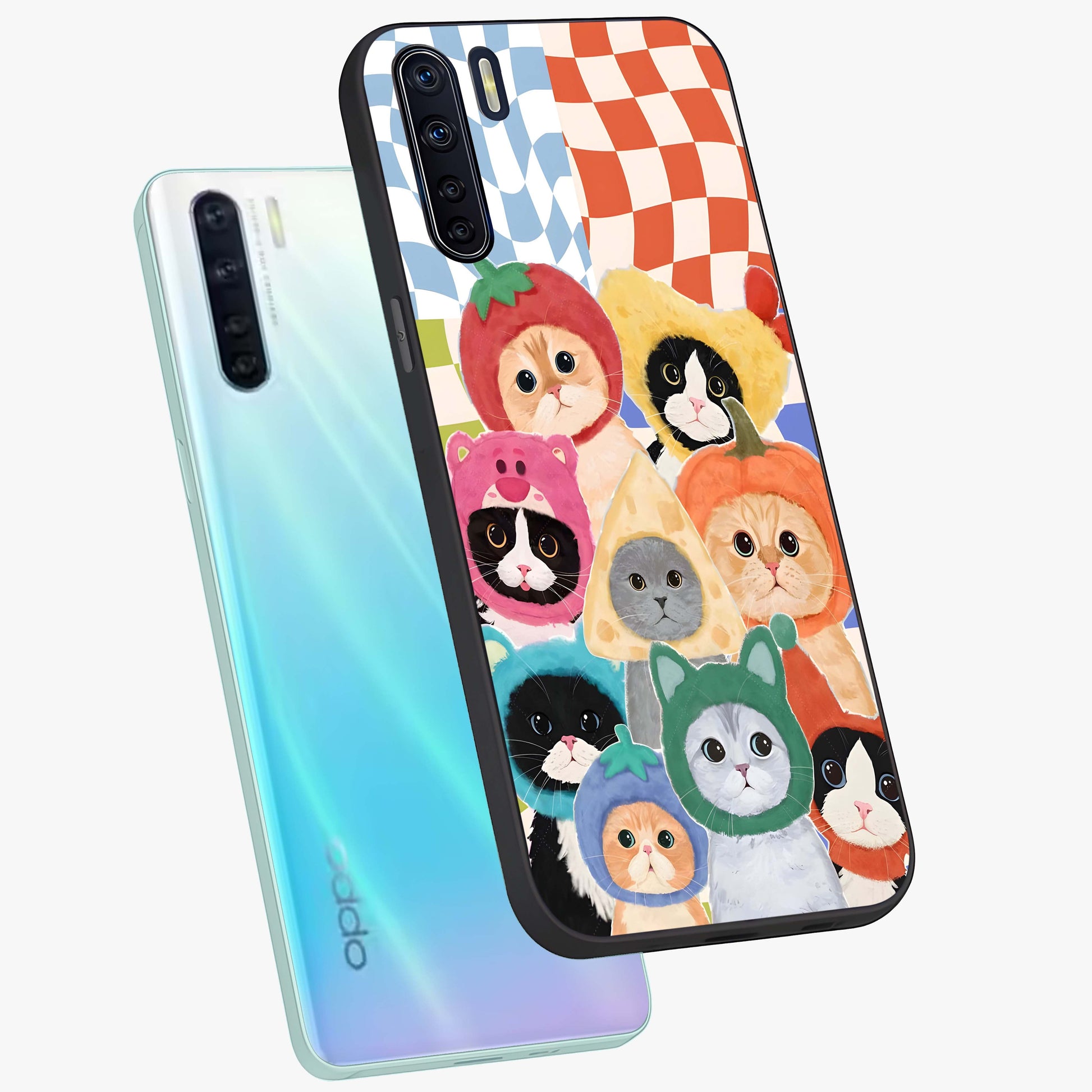 Cats in Fruits Glass Case displayed in angled mockup highlighting cute feline fruit design with colorful aesthetic style.