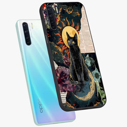 Celestial Black Cat Glass Case displayed in angled mockup highlighting cosmic black cat design with celestial aesthetic.