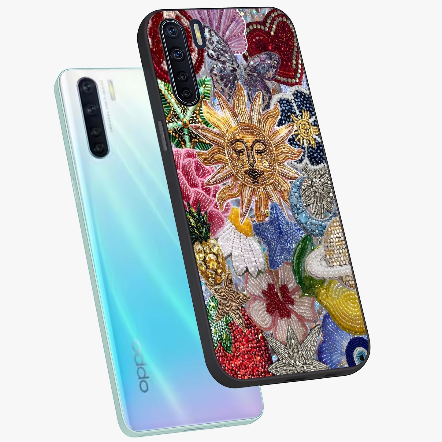 Celestial Floral and Playful Glass Case displayed in angled mockup highlighting playful floral design with dreamy celestial elements.