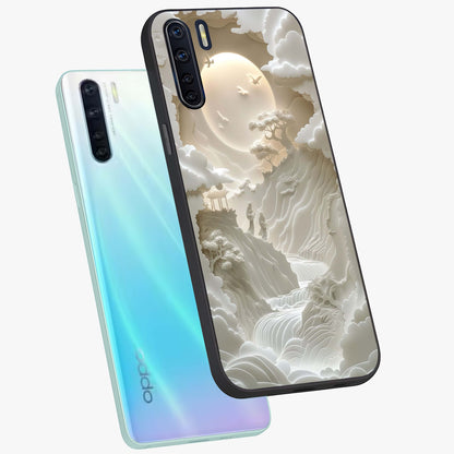 Celestial Origami Glass Case displayed in angled mockup highlighting geometric origami design with cosmic aesthetic theme.
