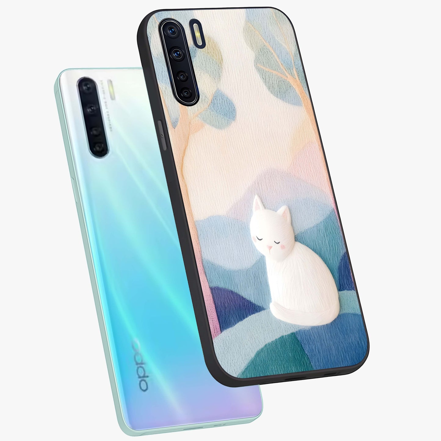 Cotton Dream Cat Glass Case displayed in angled mockup highlighting cute feline illustration with pastel aesthetic style.