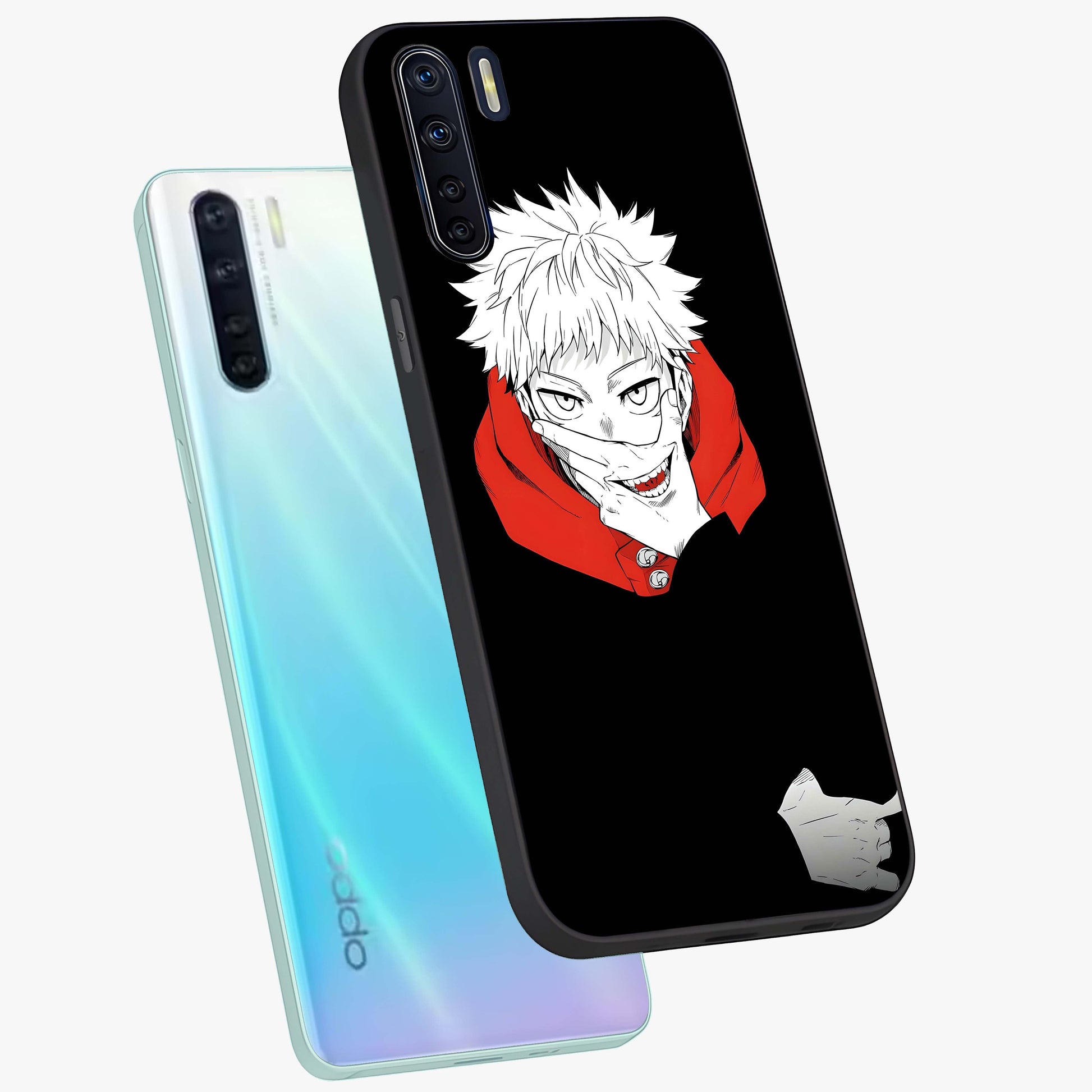 Crimson Chaos Smile Glass Case displayed in angled mockup highlighting edgy crimson smile design with graphic aesthetic.