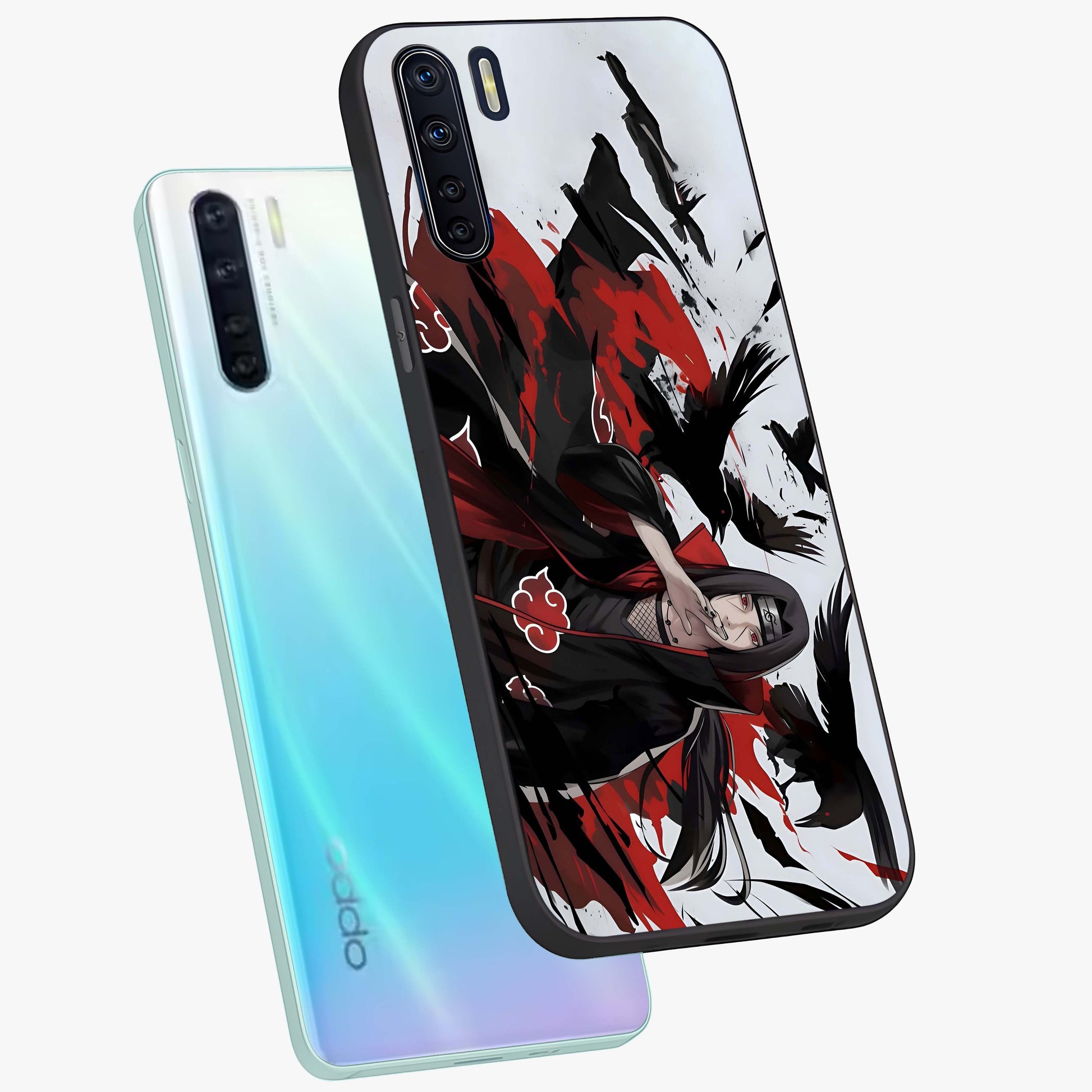 Crimson Crow Illusion Glass Case displayed in angled mockup highlighting mysterious crow graphic with dark aesthetic style.