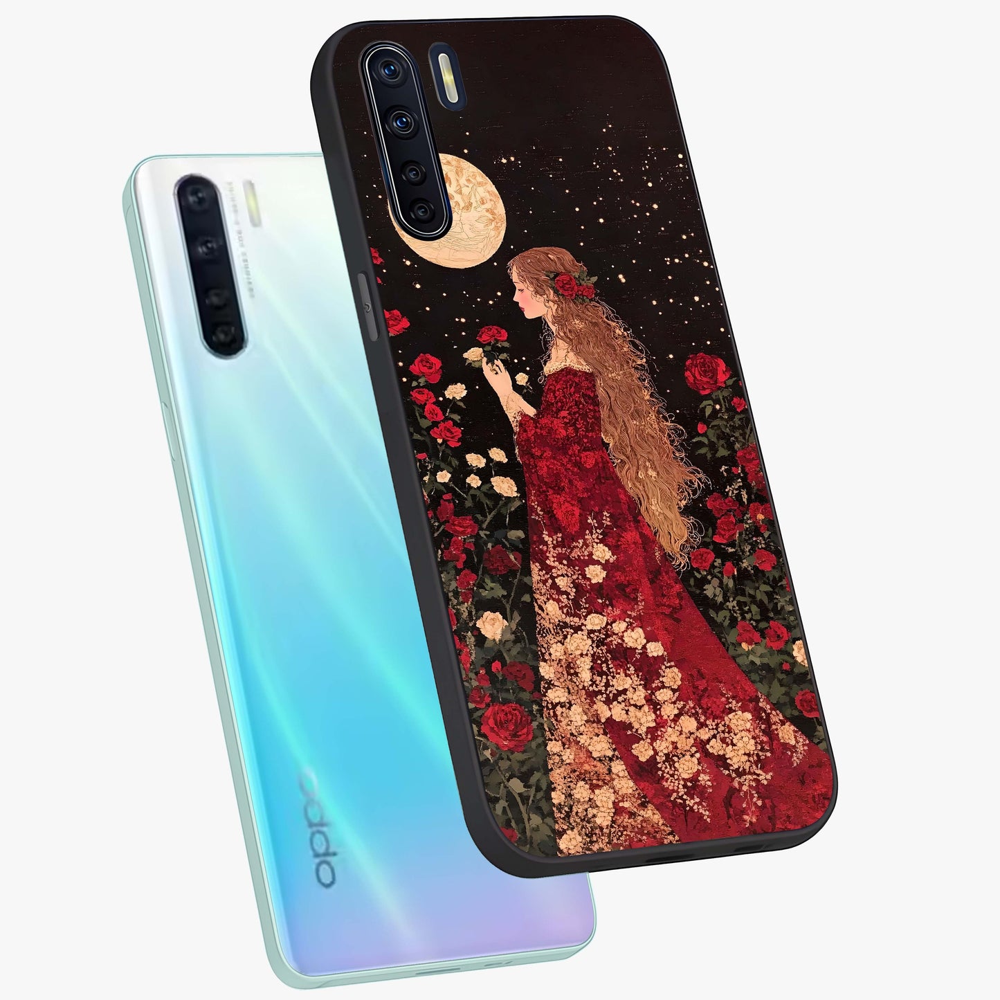 Crimson Dreams Glass Case displayed in angled mockup highlighting soft crimson aesthetic design with artistic theme.