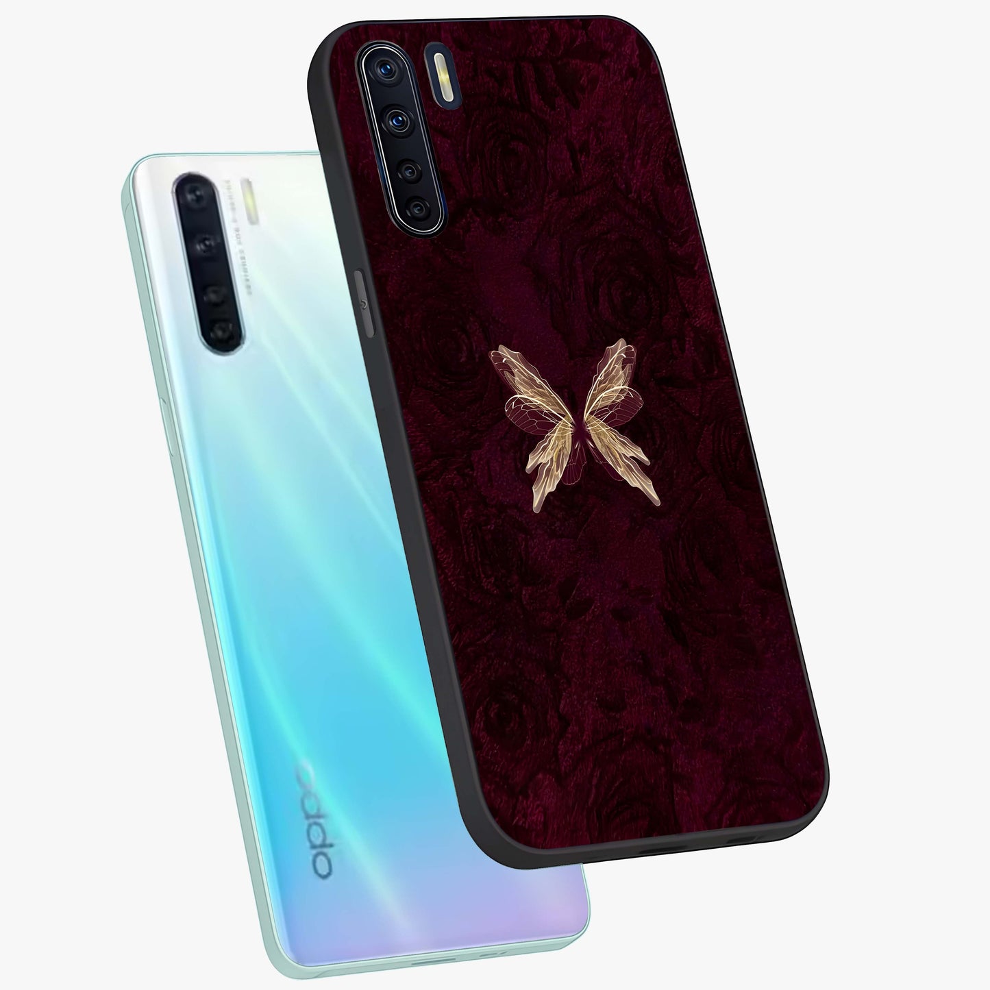 Crimson Fade Butterfly Glass Case displayed in angled mockup highlighting elegant butterfly design with crimson gradient aesthetic.